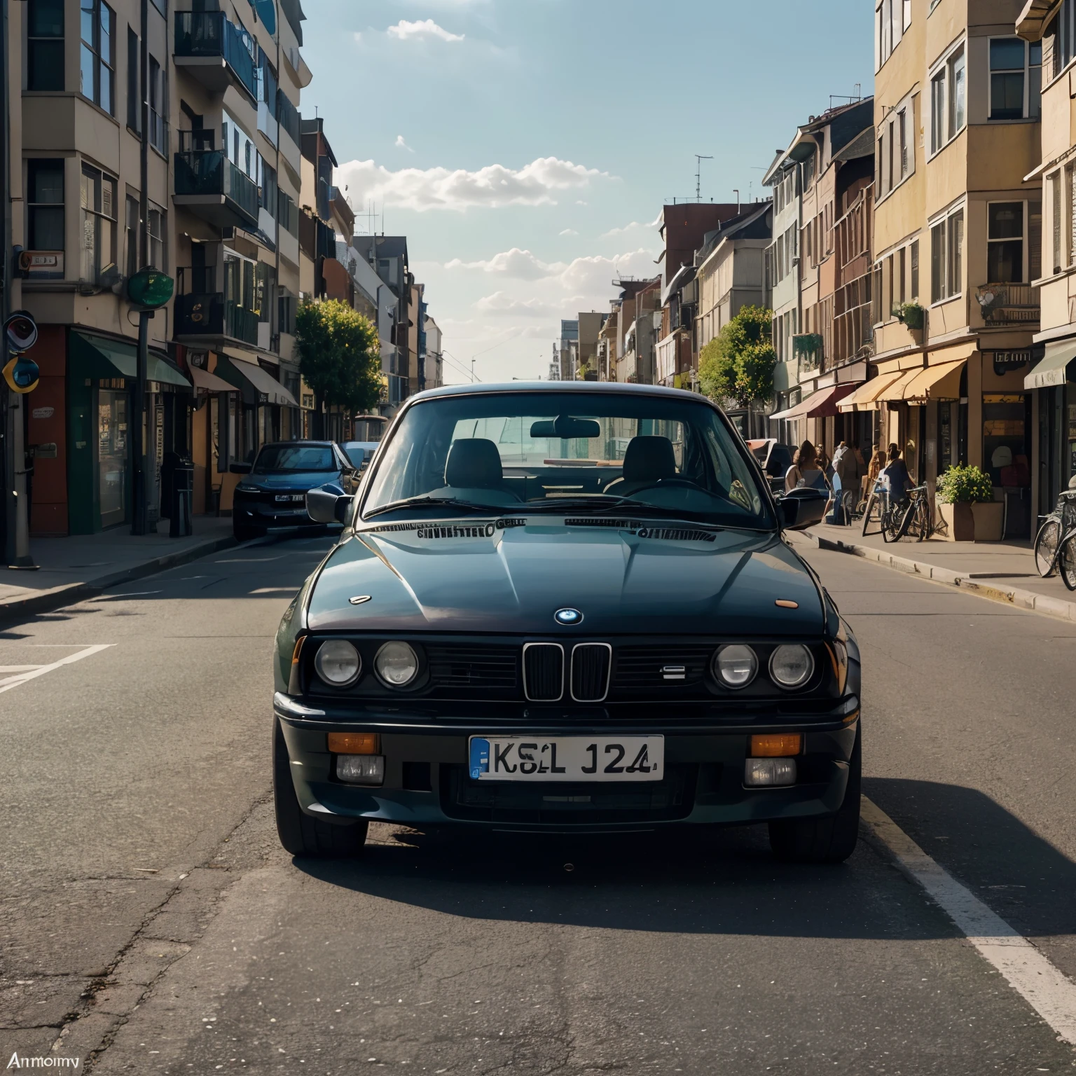 (main subject:) A BMW e30 parked on a bustling street surrounded by city life. 

(material:) Photographic, cinematic rendering. 

(additional details:) The car shines under the sunlight, with a glossy finish. The bustling street is filled with pedestrians and cars, creating a dynamic cityscape. The buildings around have a mix of modern and vintage architecture, adding character to the scene. 

(image quality:) (best quality, 4k, realistic:1.2), ultra-detailed, HDR, sharp focus, vivid colors. 

(art style:) Photography. 

(color tone:) Green color palette, with a hint of warmth to create a lively atmosphere. 

(light:) The sunlight casts a soft golden light, creating beautiful highlights and shadows on the car and surrounding buildings.