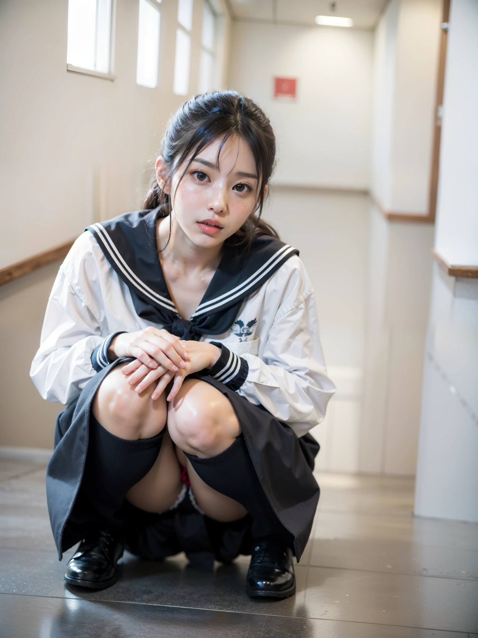A woman around 40 in a school uniform crouching on the floor, anime girl cosplay, seifuku, japanese school uniform, japanese girl uniform, Chiho, anime cosplay, cosplay photo, sakimichan, wearing japanese school uniform, ayaka cosplay, japanese model, real anime girl, young gravure idol, shikamimi