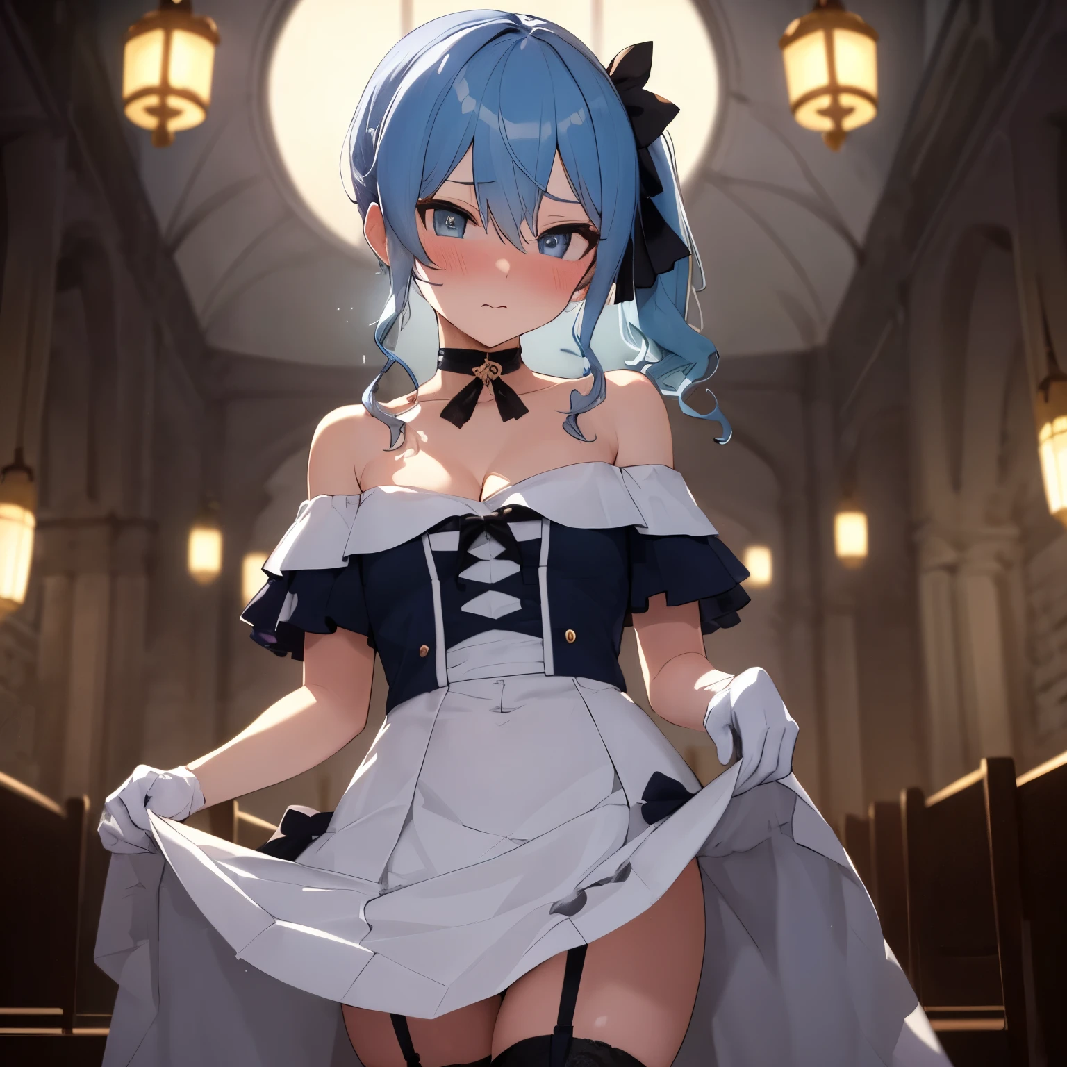 NSFW,Hoshimachi Suisei,blue eyes,blue hair,choker,hair between eyes,medium hair,side ponytail,スターchoker,small breastasterpiece:1.2), highest quality, High resolution,(detailed and beautiful eyes:1.6),(perfect hands, perfect anatomy),(((masterpiece))),((highest quality)),embarrassed face,blush,,whole body,off shoulder dress,ruffle skirt,garter belt,glove,T-back,thin waist,stomach,cleavage,Skirt flip,Church at night illuminated by moonlight