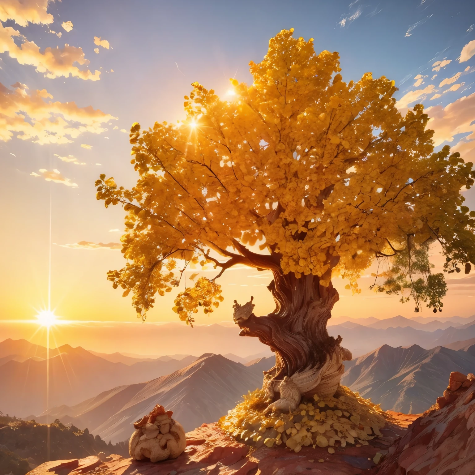 (masterpiece, best quality:1.2), Money tree on the top of the mountain，The sun shines on the money tree（ （（Sunset））），light warm（ （（充满阳光元素的masterpiece）））（（best quality））， （（intricate details））（8k）