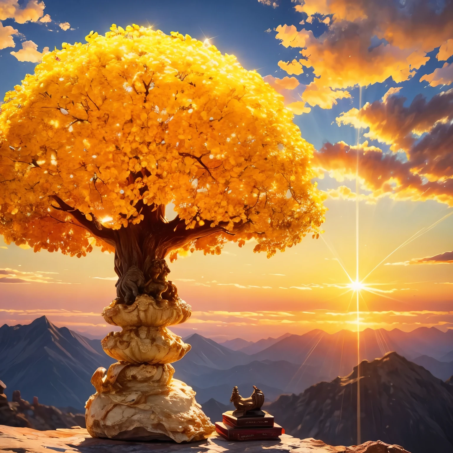 (masterpiece, best quality:1.2), Money tree on the top of the mountain，The sun shines on the money tree（ （（Sunset））），light warm（ （（充满阳光元素的masterpiece）））（（best quality））， （（intricate details））（8k）