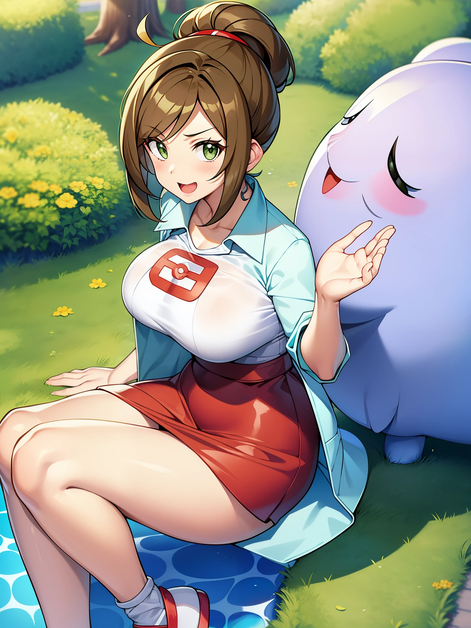 Pokémon、Dr. Araragi、solo、１people、big tits milf、big tits milf、big tits milf、white shirt、Wearing a long white coat、She is wearing a green tight skirt that is above the knee.。Shoes Sneakers。The birth of Pokemon and its origin、Laboratory in Kanoko Town, Unova region、Pokédex、Bright and lively personality、wave hands、