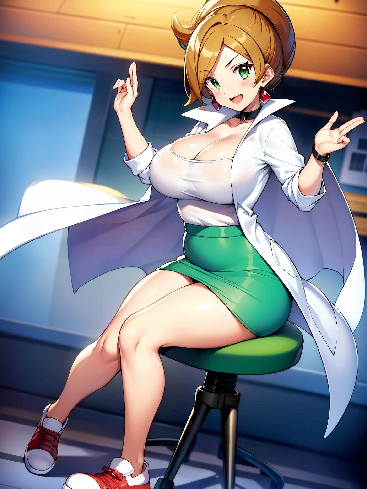 Pokémon、Dr. Araragi、solo、１people、big tits milf、big tits milf、big tits milf、white shirt、Wearing a long white coat、She is wearing a green tight skirt that is above the knee.。Shoes Sneakers。The birth of Pokemon and its origin、Laboratory in Kanoko Town, Unova region、Pokédex、Bright and lively personality、wave hands、