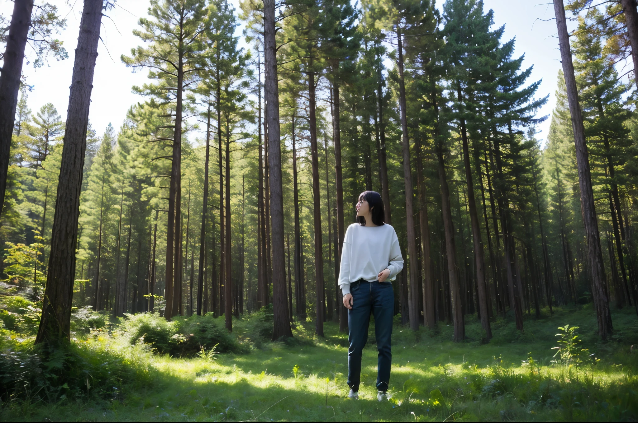 ulzzang-6500-v1.1, (RAW photo:1.2), (Photoreal), (genuine:1.4), (muste piece), quiet deep forest、Trees with the light of the rising sun々insert it very solemnly between、Tyndall effect,
