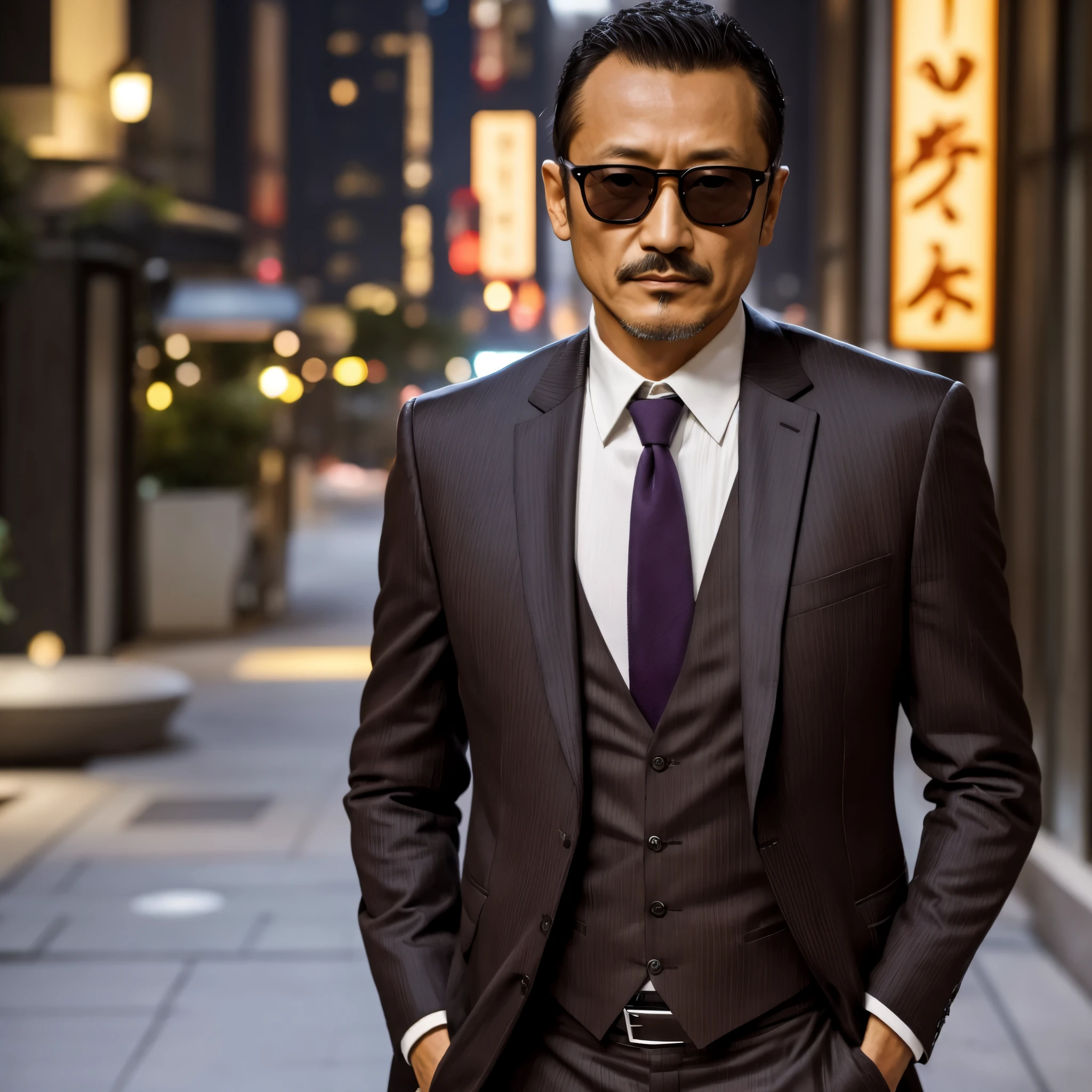 50 years old,Hidetoshi Nakata ,(Kogoro Mouri 1.3), A man in a tortilla brown suit, necktie, pick glasses Ray ban sunglasses, tong, mustache,little beard, masterpiece,4k hd