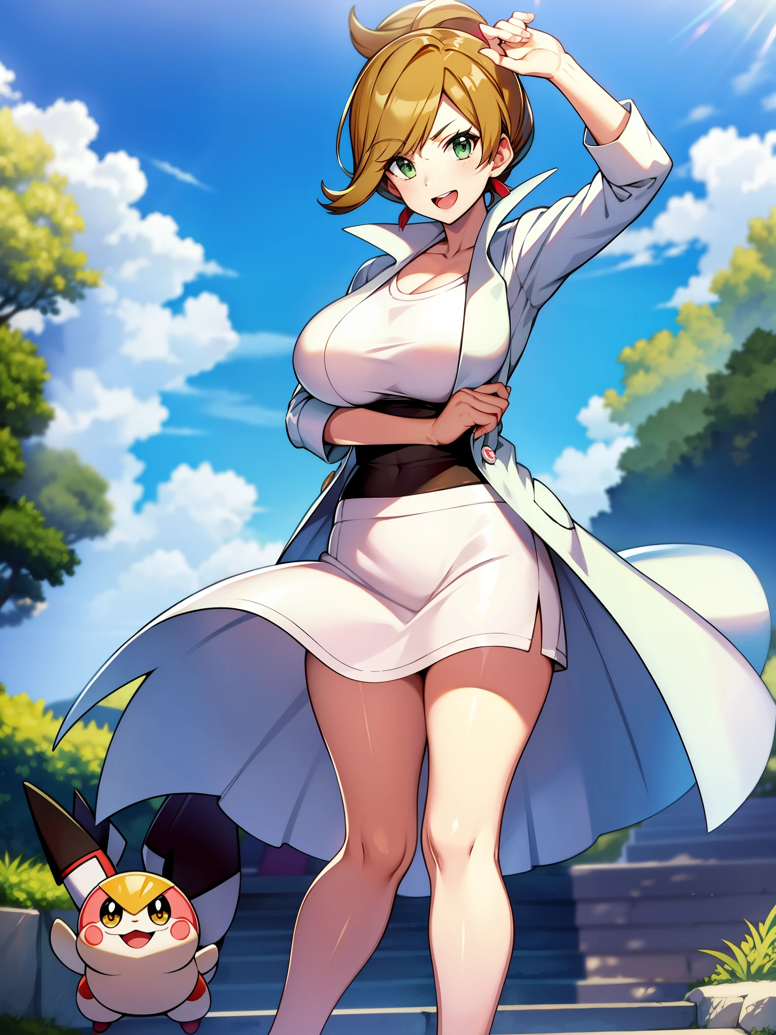 Pokémon、Dr. Araragi、solo、１people、big tits milf、big tits milf、big tits milf、white shirt、Wearing a long white coat、She is wearing a green tight skirt that is above the knee.。Shoes Sneakers。The birth of Pokemon and its origin、Laboratory in Kanoko Town, Unova region、Pokédex、Bright and lively personality、wave hands、