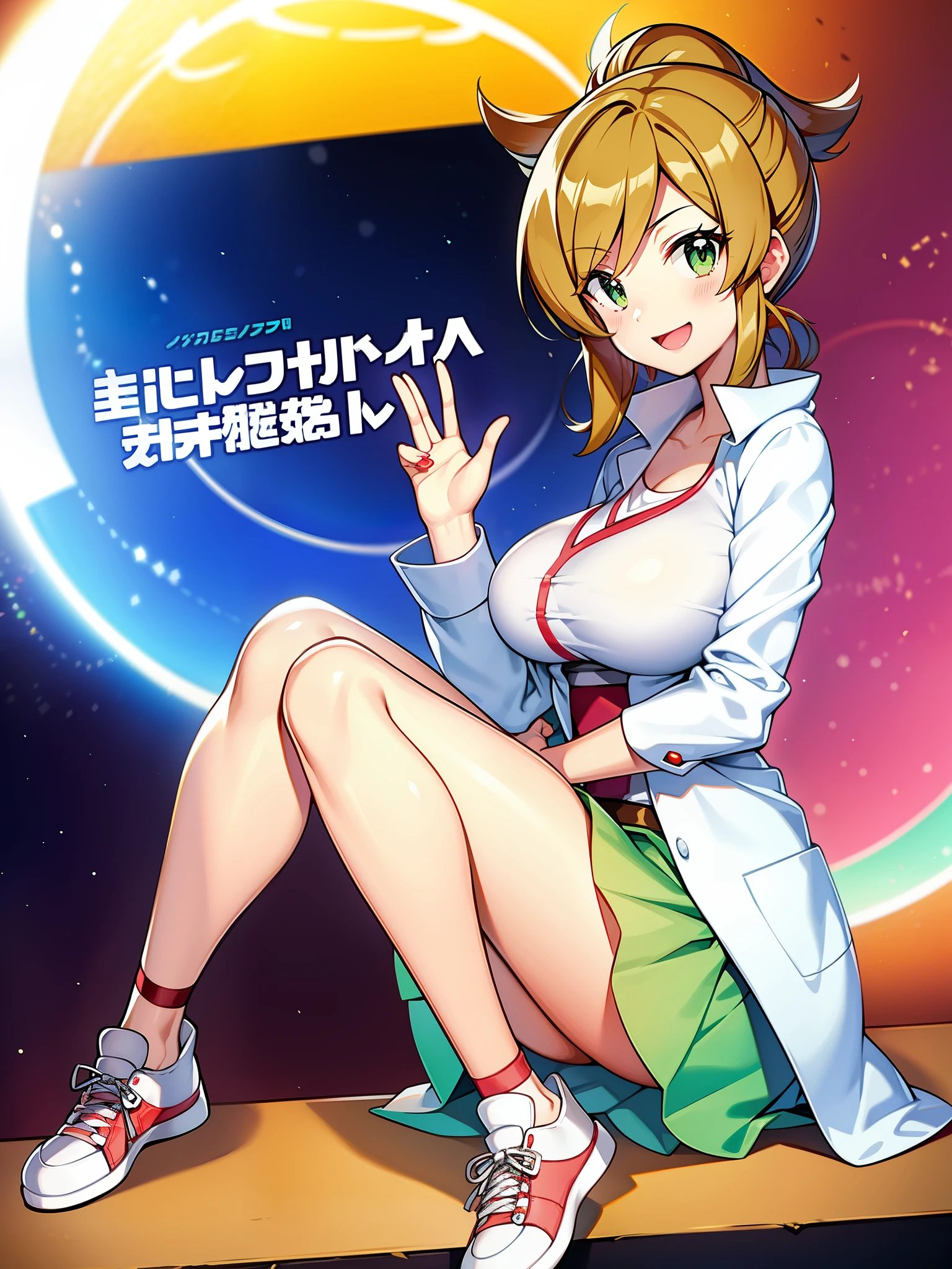 Pokémon、Dr. Araragi、solo、１people、big tits milf、big tits milf、big tits milf、white shirt、Wearing a long white coat、She is wearing a green tight skirt that is above the knee.。Shoes Sneakers。The birth of Pokemon and its origin、Laboratory in Kanoko Town, Unova region、Pokédex、Bright and lively personality、wave hands、