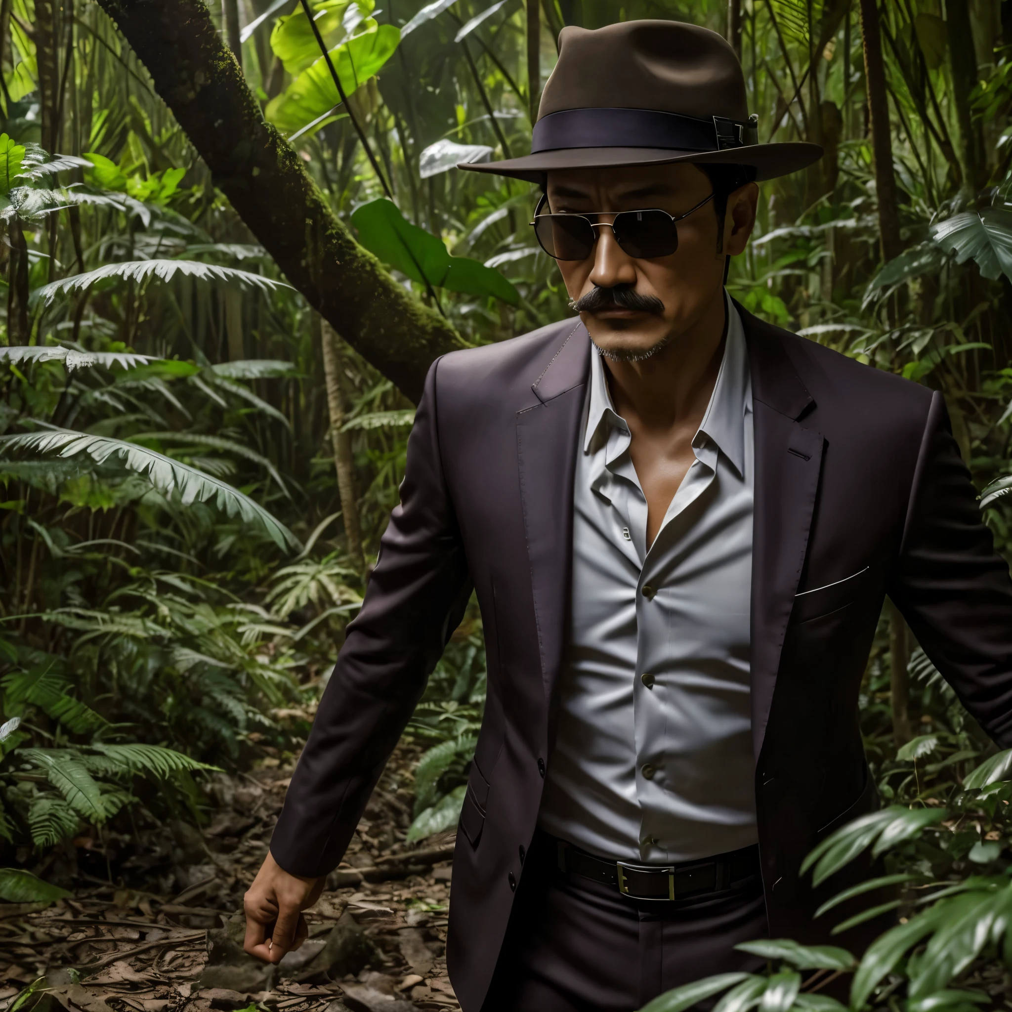 50 years old,Hidetoshi Nakata ,(Kogoro Mouri 1.3), A man in dress like a hunter, Ray ban sunglasses, tong, mustache,little beard, in the jungle, hunt animal, epic scene, masterpiece,4k hd