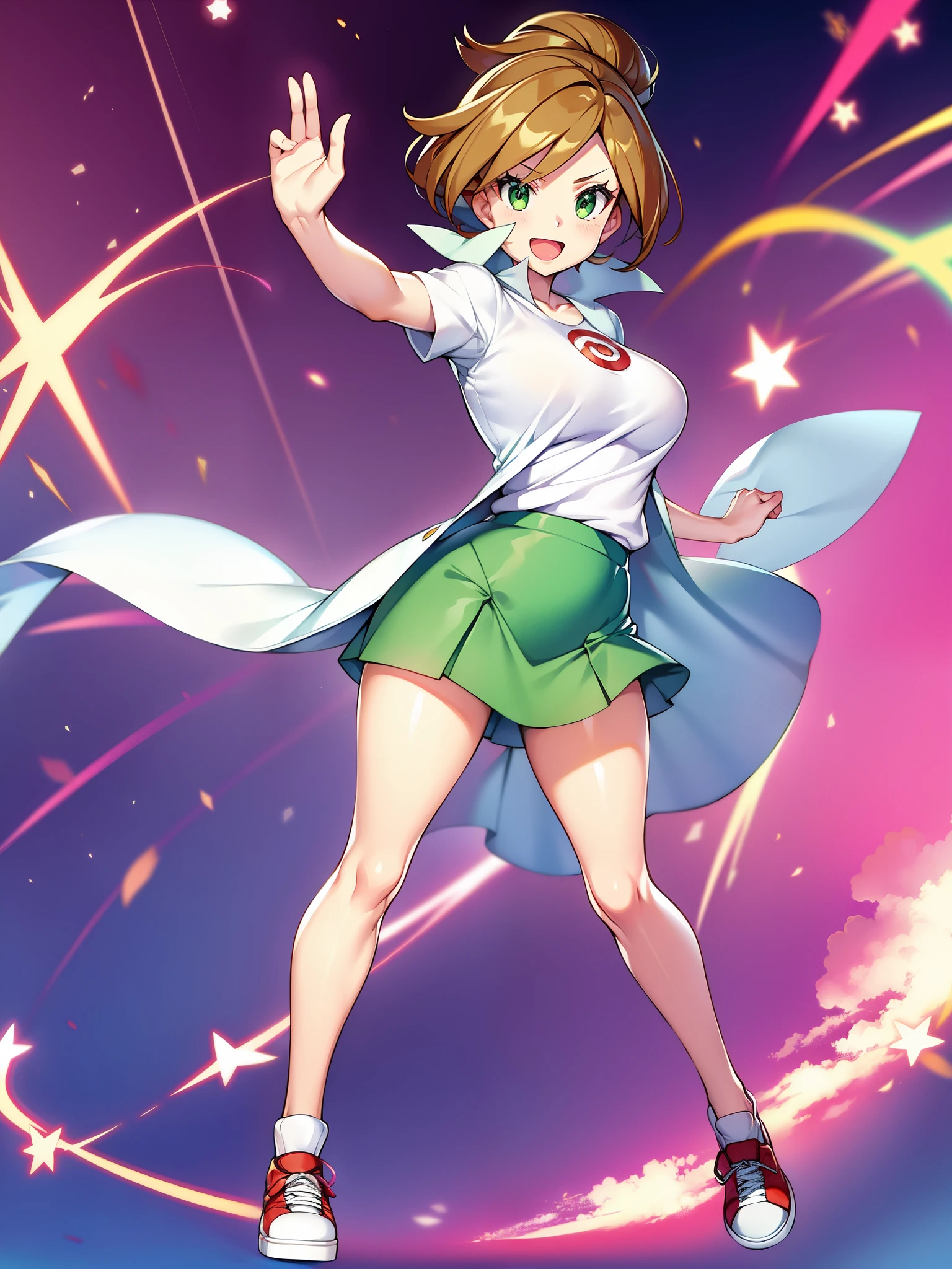 Pokémon、Dr. Araragi、solo、１people、big tits milf、big tits milf、big tits milf、white shirt、Wearing a long white coat、She is wearing a green tight skirt that is above the knee.。Shoes Sneakers。The birth of Pokemon and its origin、Laboratory in Kanoko Town, Unova region、Pokédex、Bright and lively personality、wave hands、