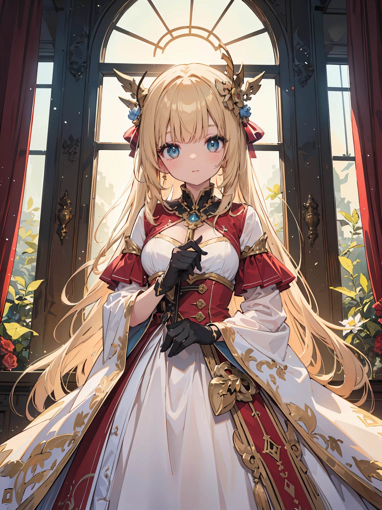 Artistic AI Art Galaxy(masterpiece:1.2, best quality), (finely detailed beautiful eyes: 1.2), highres, (beautiful detailed face), (1girl:1.2), BREAK
A character in a red and white dress with gold ornaments stands in front of a red curtain and a window with gold ornaments. The dress is gorgeous and refined, with a multi-layer structure. The character has long and flowing hair with flowers on it, and wears gloves. She has a noble and fragile trait. The light from the window creates a fantastical atmosphere, and the curtain and the window are carefully drawn. The image has a warm tone.