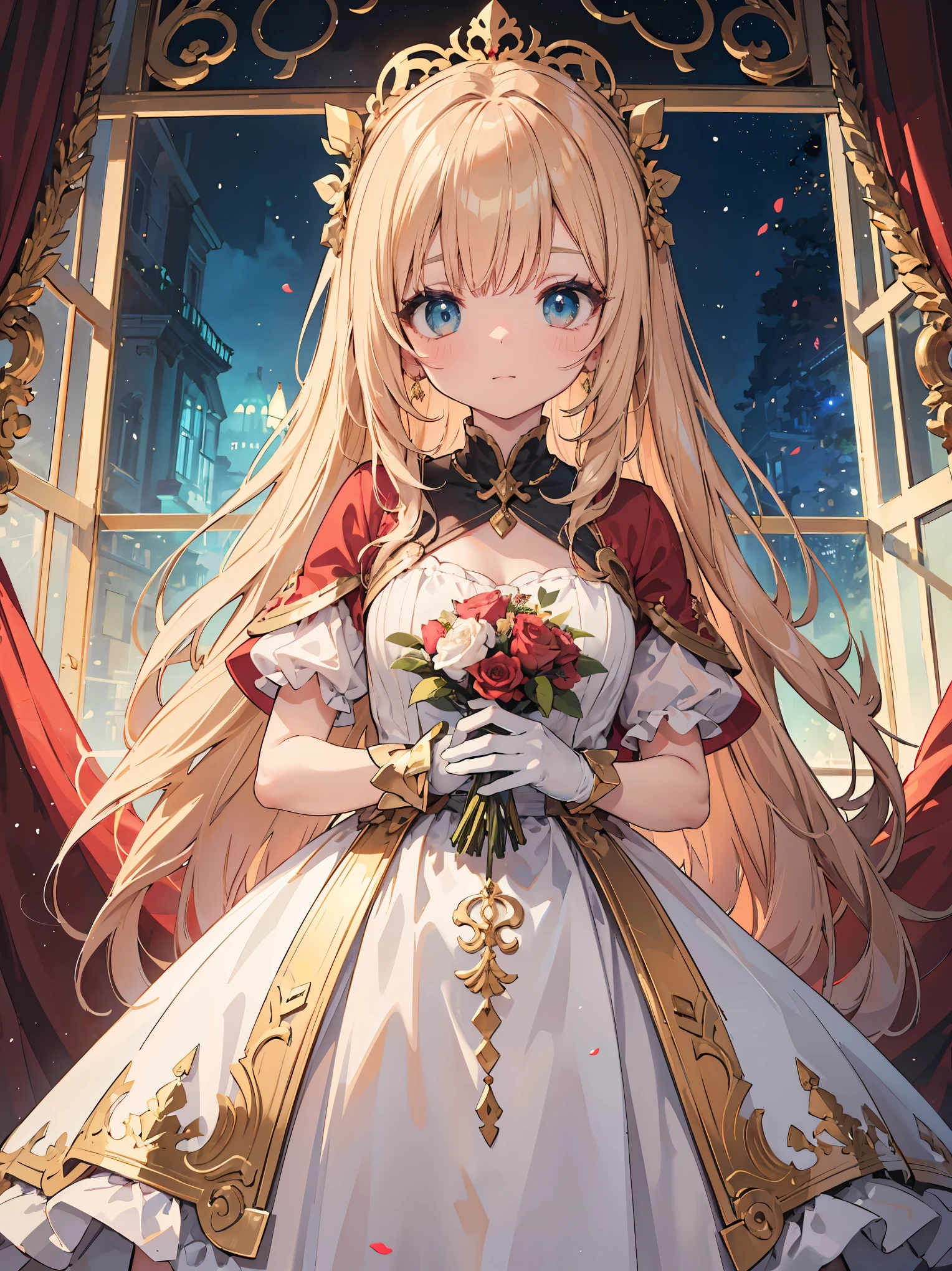 Artistic AI Art Galaxy(masterpiece:1.2, best quality), (finely detailed beautiful eyes: 1.2), highres, (beautiful detailed face), (1girl:1.2), BREAK
A character in a red and white dress with gold ornaments stands in front of a red curtain and a window with gold ornaments. The dress is gorgeous and refined, with a multi-layer structure. The character has long and flowing hair with flowers on it, and wears gloves. She has a noble and fragile trait. The light from the window creates a fantastical atmosphere, and the curtain and the window are carefully drawn. The image has a warm tone.