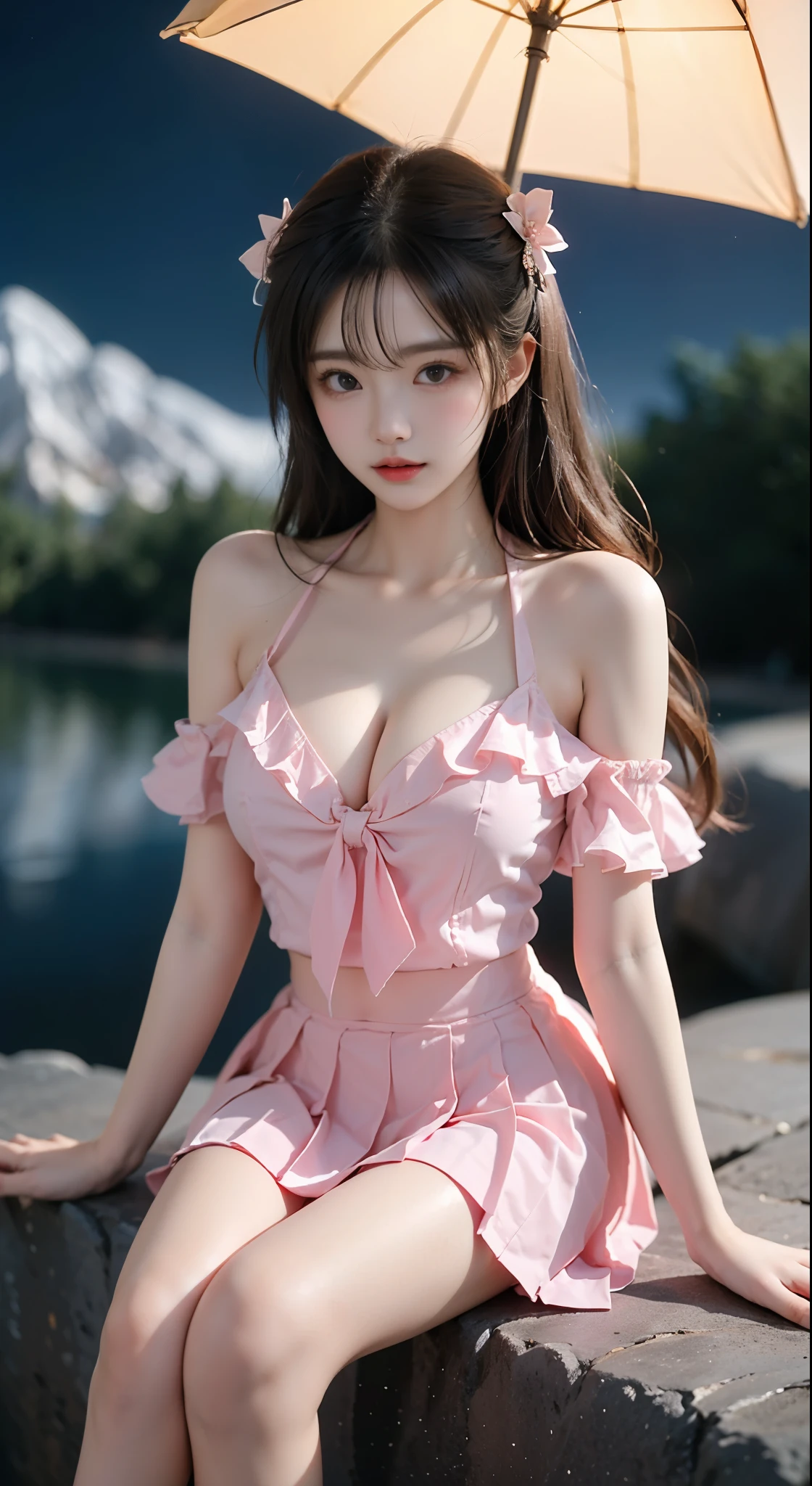 pleated skirt,pink skirt,pink sailor collar, ((bare shoulders)), ((whole body)), actual, Fashion girl, red lips, mature women, cosmetic, big eyes, beautiful eyes, ((whole body)), (best quality, masterpiece:1.2), super detailed, (actual:1.37), ((Sexy long legs)), beautiful, young and energetic, Charming model with, big breasts, cleavage, Dynamic posing, Random perspective shooting, ((in the mountains, plant, sitting position, Leaning against the rocks)) (exquisite eyes, Detailed lips, extremely exquisite eyes), Show a bright smile, Create stunning girl images, warm color, Extremely high color saturation, official art, Extremely detailed CG unified 8k wallpaper,(high dynamic range :1.4), (cinematic),(pastel colors, The color is dull, soothing tone :1.3), (natural skin texture, ultra-actual, soft light, sharp),(Very detailed), night, moonlight