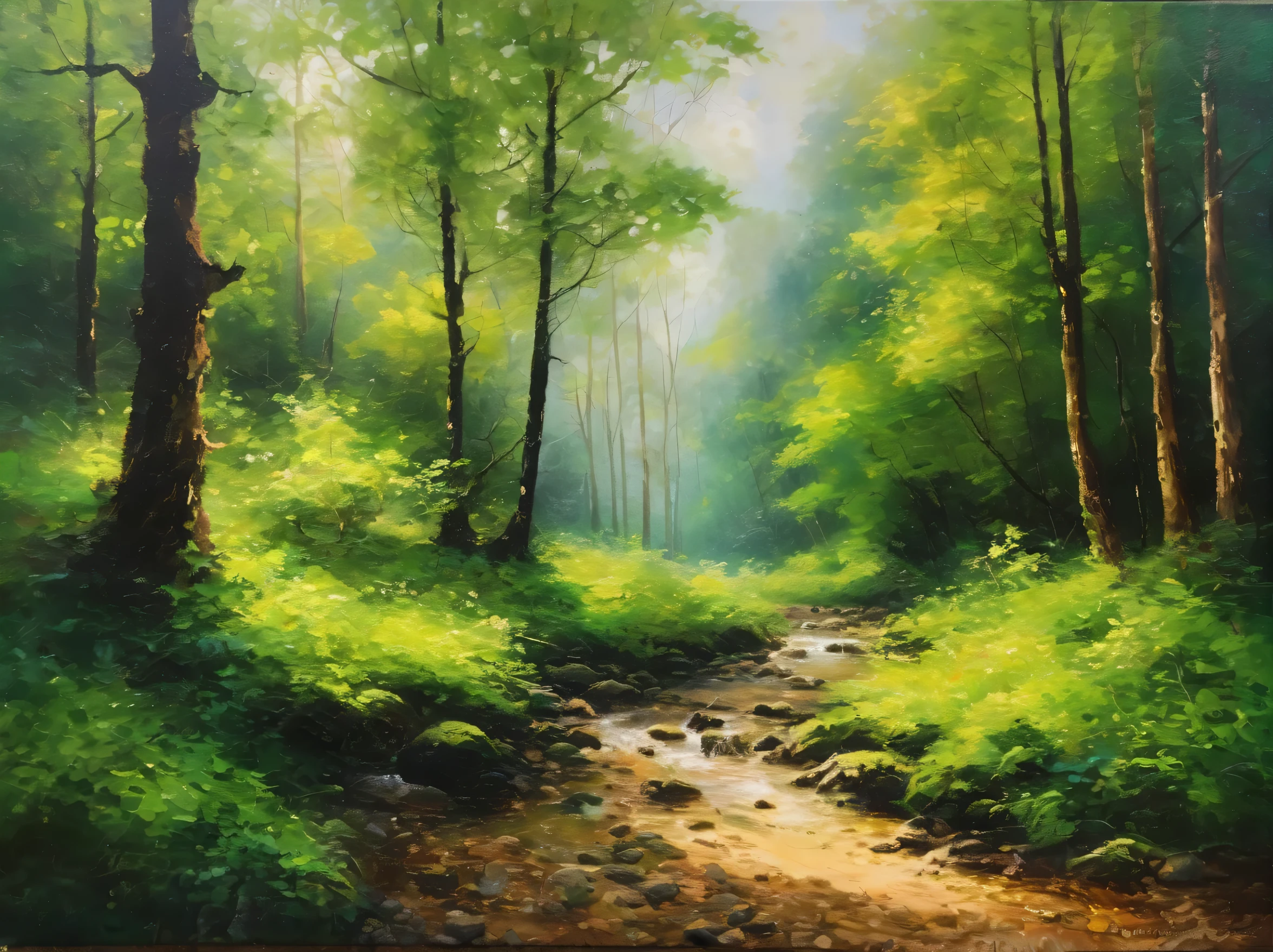 Landscape painting,painting,deep in the forest,deep green forest,beautiful森,Low light,Tyndall effect,masterpiece,Oil paints,intricate details,T-Masterpiece,Inspiration,beautiful,rendering,masterpiece,最高masterpiece,Art work using light,Artistic,get used to it,Microparticles