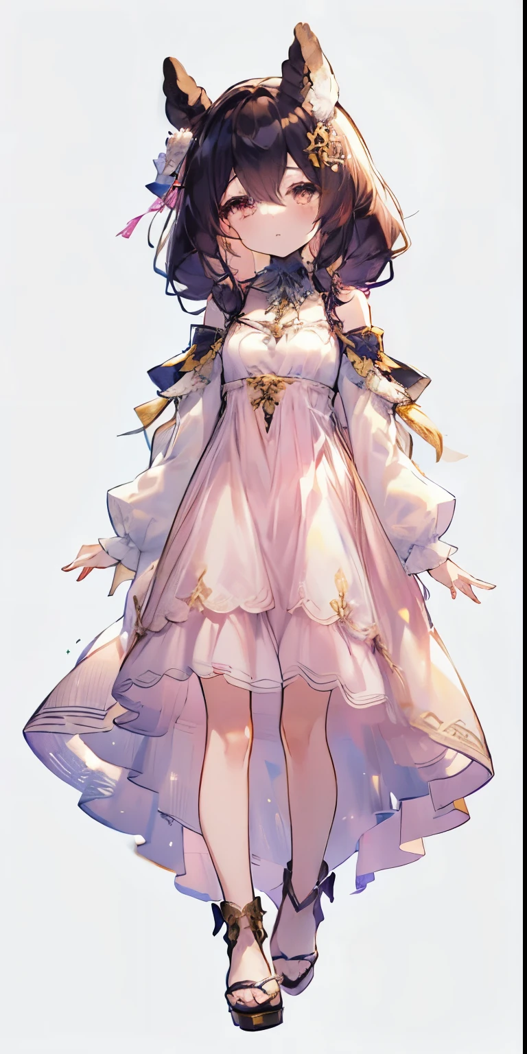 character design,Full body portrait,(()),bare feet, ((ankle strap)),(sandal boots),black hair, white background, eyes low without highlights ,umamusume, long horse ears, (long sleeves), embroidery,Lace wear a stole,yellow shoes, necklace,((pink dress)),yellow dress,(white dress), Elegantly dressed,Evening Dresses,Hydrangea pattern, cold expression,hairstyle, long hair, strands on shoulder, hair band,Exposed thighs, ,hairstyle, long hair, strands on shoulder, hair band, ,hairstyle, long hair, strands on shoulder, hair band,kawaii,hairstyle, long hair, strands on shoulder, hair band, ,Kawaiichibi,((high-necked dress))