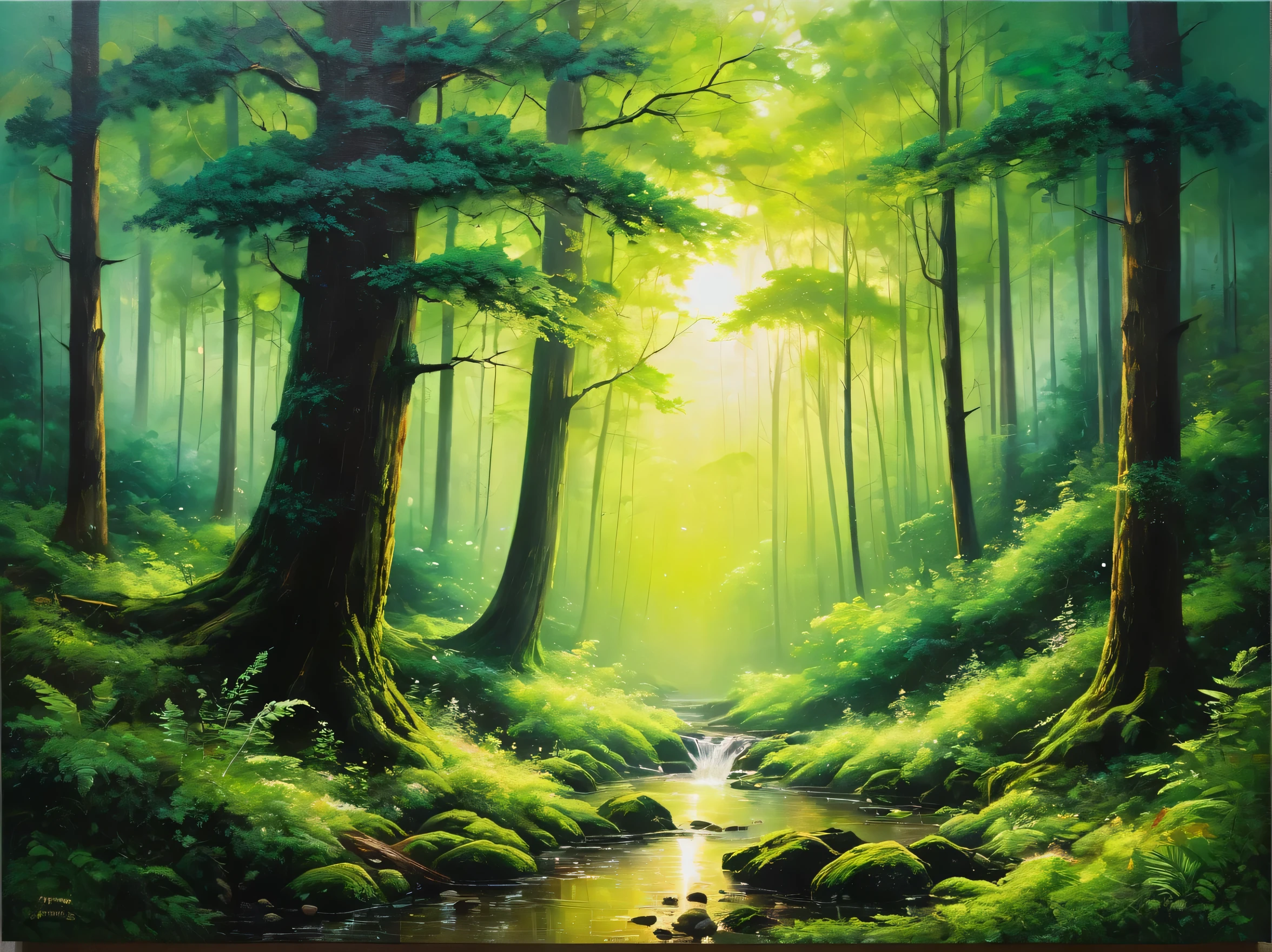 Landscape painting,painting,deep in the forest,deep green forest,beautiful森,Low light,Tyndall effect,masterpiece,Oil paints,intricate details,T-Masterpiece,Inspiration,beautiful,rendering,masterpiece,最高masterpiece,Art work using light,Artistic,get used to it,Microparticles