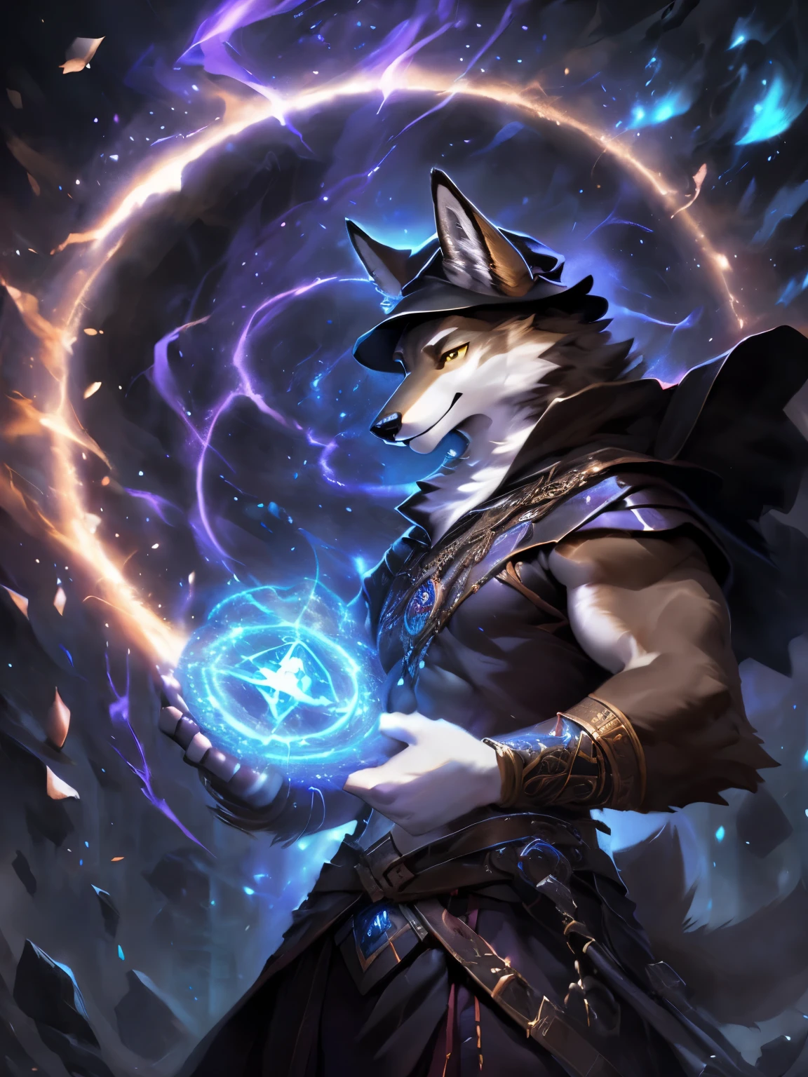 4k, ,8K, A high resolution, best quality, perfect colors, perfect shadows, perfect lighting, posted on e621, (by Chunie, by canyne khai, by t.y.starale), male, furry, Coyote anthro, (Coyote Tail), solo, Yellow eyes, (Realistic eye details 1.2), witch wear, Magic in hand, magic circle, witchcraft, spell magic, magic energy, (masterpiece, best quality:1.4),(ridiculous, high resolution, Super detailed:1.2),(Use black magic:1.4), Full body, slim body, abs, Muscular, fighting pose, fighting, battle, battle magic spell, in a panoramic view, dramatic lighting, soft lighting, day, highly detail, (Detailed eyes), perfect pupils, detail eyes, detail fluffy fur, (seductive face:1.2), (correct anatomy:1.2), fit body, fit body, perfect male figure, Detailed fur, Detailed face, Perfect face, Detailed background, (Complex), (Super Detail), (Ultra Clear), (Best Quality)