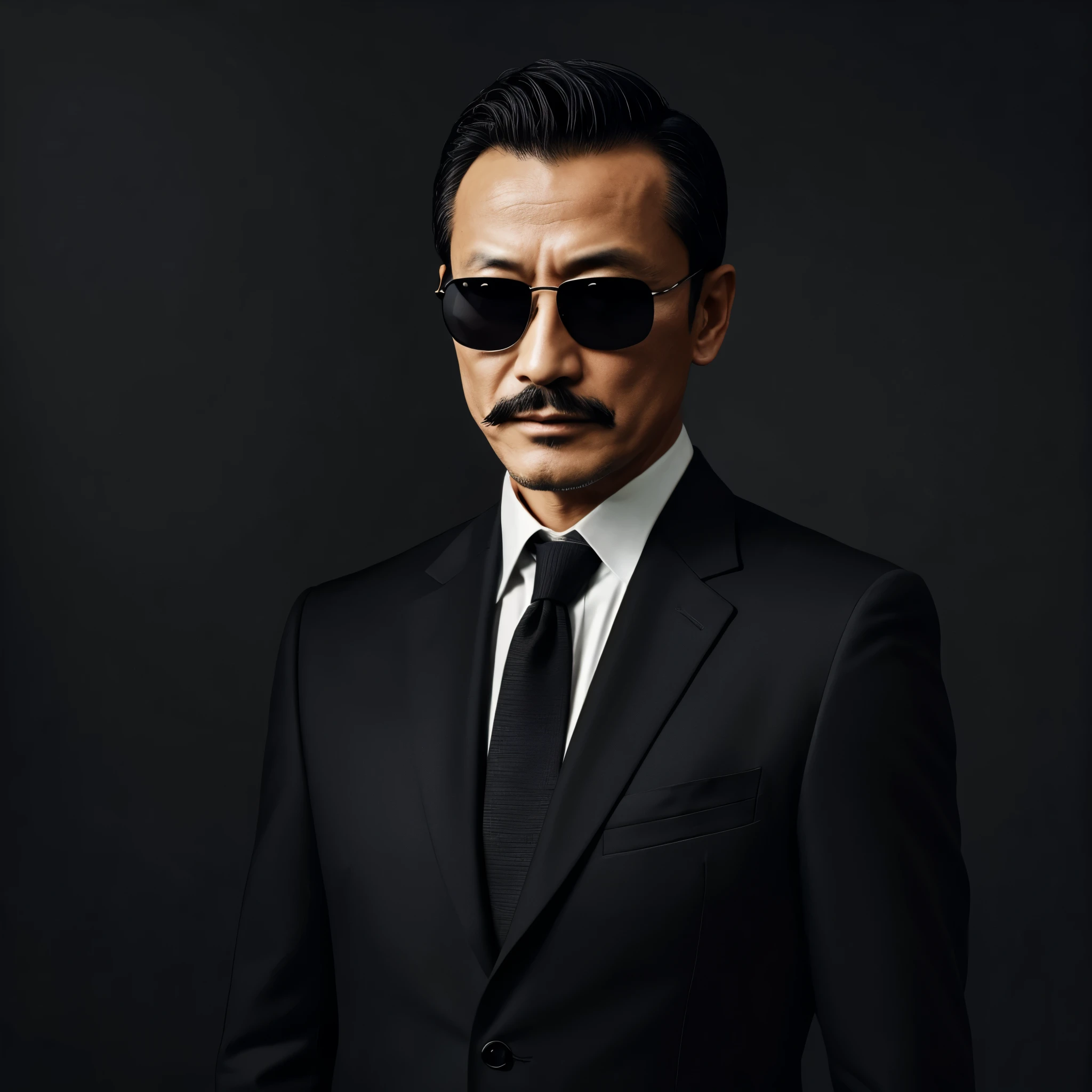 55 years old,Hidetoshi Nakata ,(Kogoro Mouri 1.3), A man in a black suit, necktie, Ray ban sunglasses, tong, mustache,little beard,wizard, can manipulate shadow, shadow beautiful colour, dark, shadow effect, masterpiece,4k hd