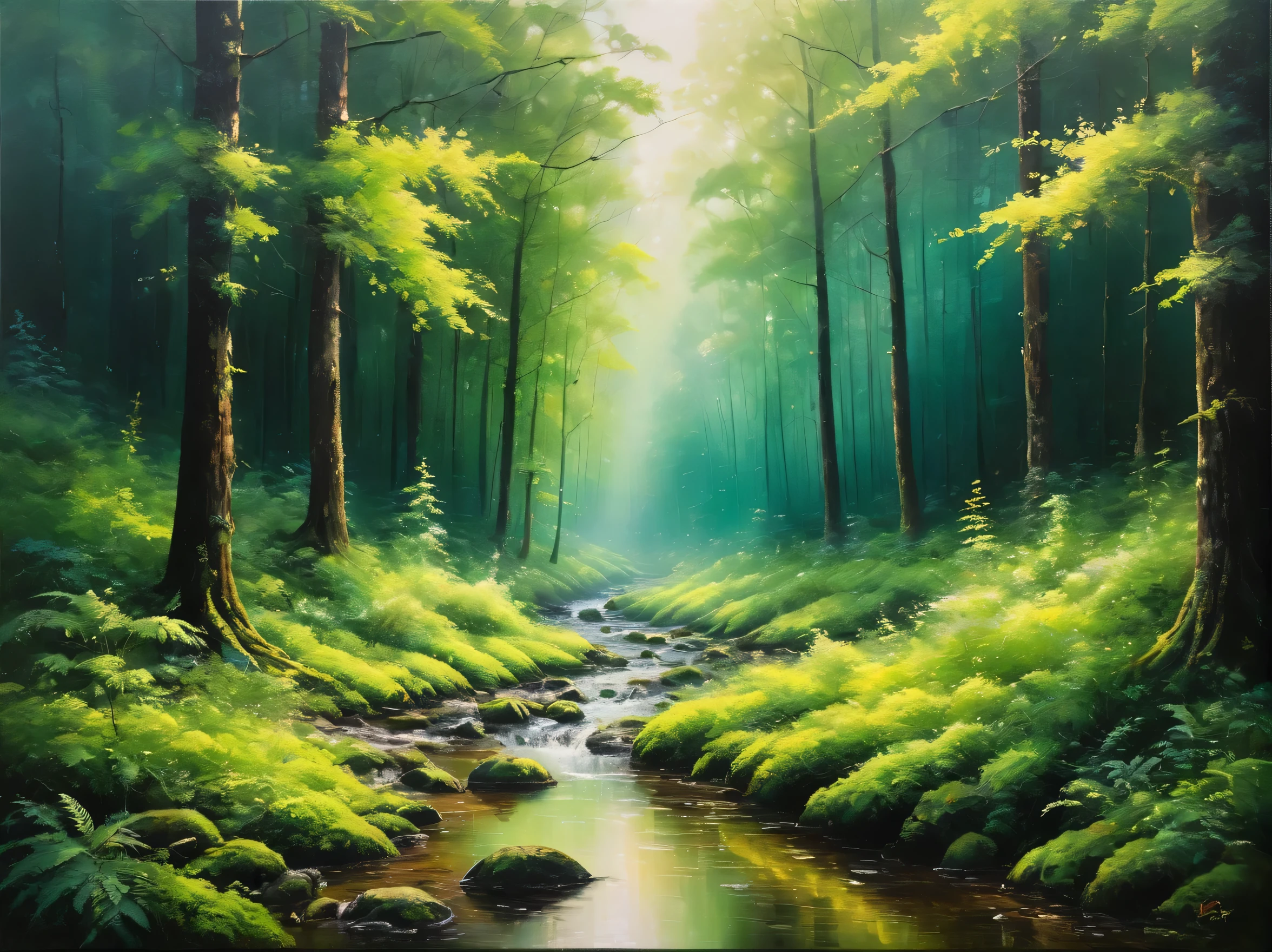 Landscape painting,painting,deep in the forest,deep green forest,beautiful森,Low light,Tyndall effect,masterpiece,Oil paints,intricate details,T-Masterpiece,Inspiration,beautiful,rendering,masterpiece,最高masterpiece,Art work using light,Artistic,get used to it,Microparticles