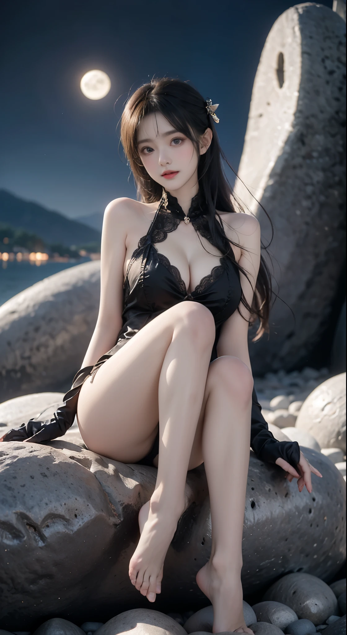 black dress, black gloves, pantyhose, ((bare shoulders)), ((whole body)), actual, Fashion girl, red lips, mature women, cosmetic, big eyes, beautiful eyes, ((whole body)), (best quality, masterpiece:1.2), super detailed, (actual:1.37), ((Sexy long legs)), beautiful, young and energetic, Charming model with, big breasts, cleavage, Dynamic posing, Random perspective shooting, ((in the mountains, plant, sitting position, Leaning against the rocks)) (exquisite eyes, Detailed lips, extremely exquisite eyes), Show a bright smile, Create stunning girl images, warm color, Extremely high color saturation, official art, Extremely detailed CG unified 8k wallpaper,(high dynamic range :1.4), (cinematic),(pastel colors, The color is dull, soothing tone :1.3), (natural skin texture, ultra-actual, soft light, sharp),(Very detailed), night, moonlight