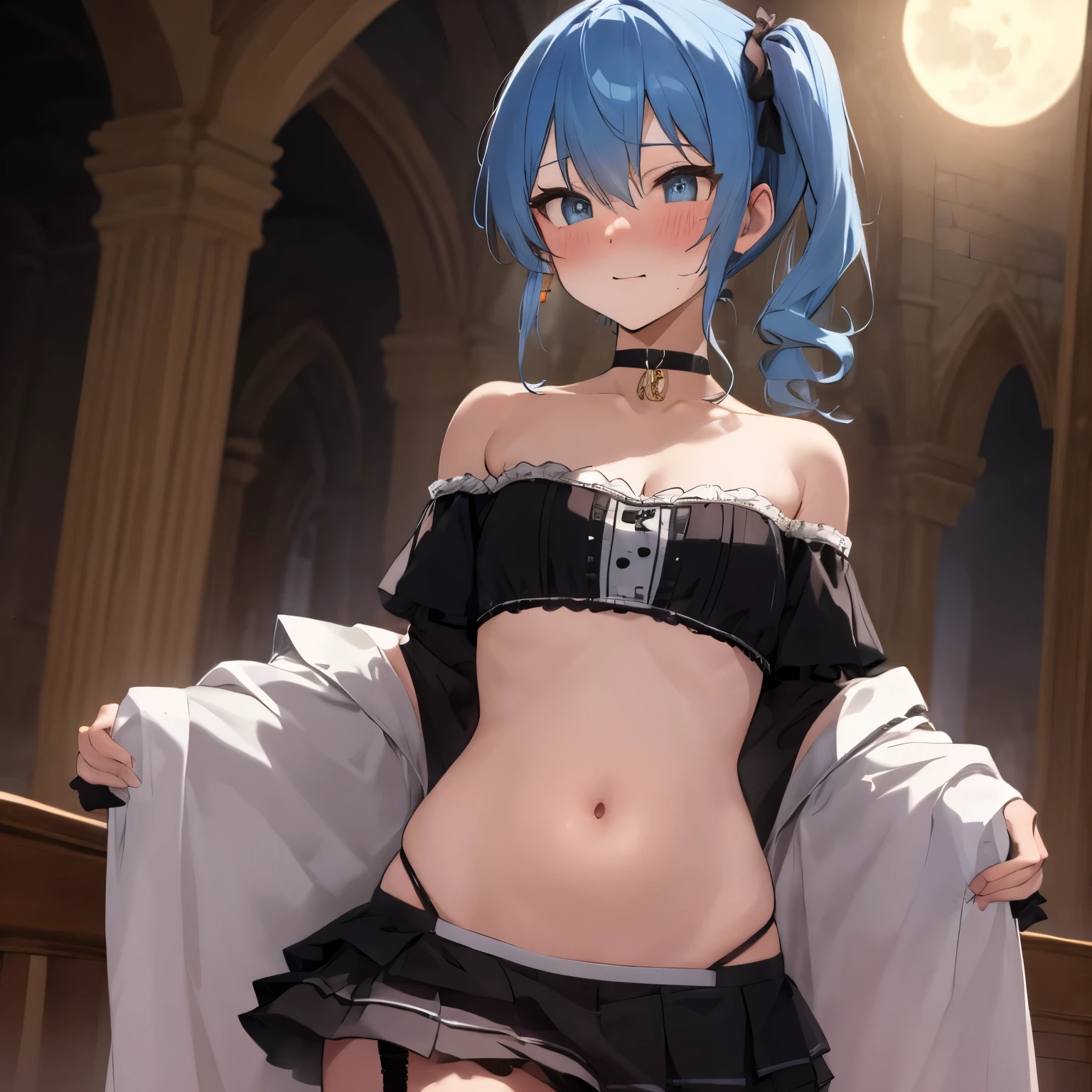 NSFW,Hoshimachi Suisei,blue eyes,blue hair,choker,hair between eyes,medium hair,side ponytail,スターchoker,small breastasterpiece:1.2), highest quality, High resolution,(detailed and beautiful eyes:1.6),(perfect hands, perfect anatomy),(((masterpiece))),((highest quality)),embarrassed face,blush,,whole body,off shoulder dress,ruffle skirt,garter belt,glove,Naughty panties,thin waist,stomach,cleavage,Skirt flip,Church at night illuminated by moonlight