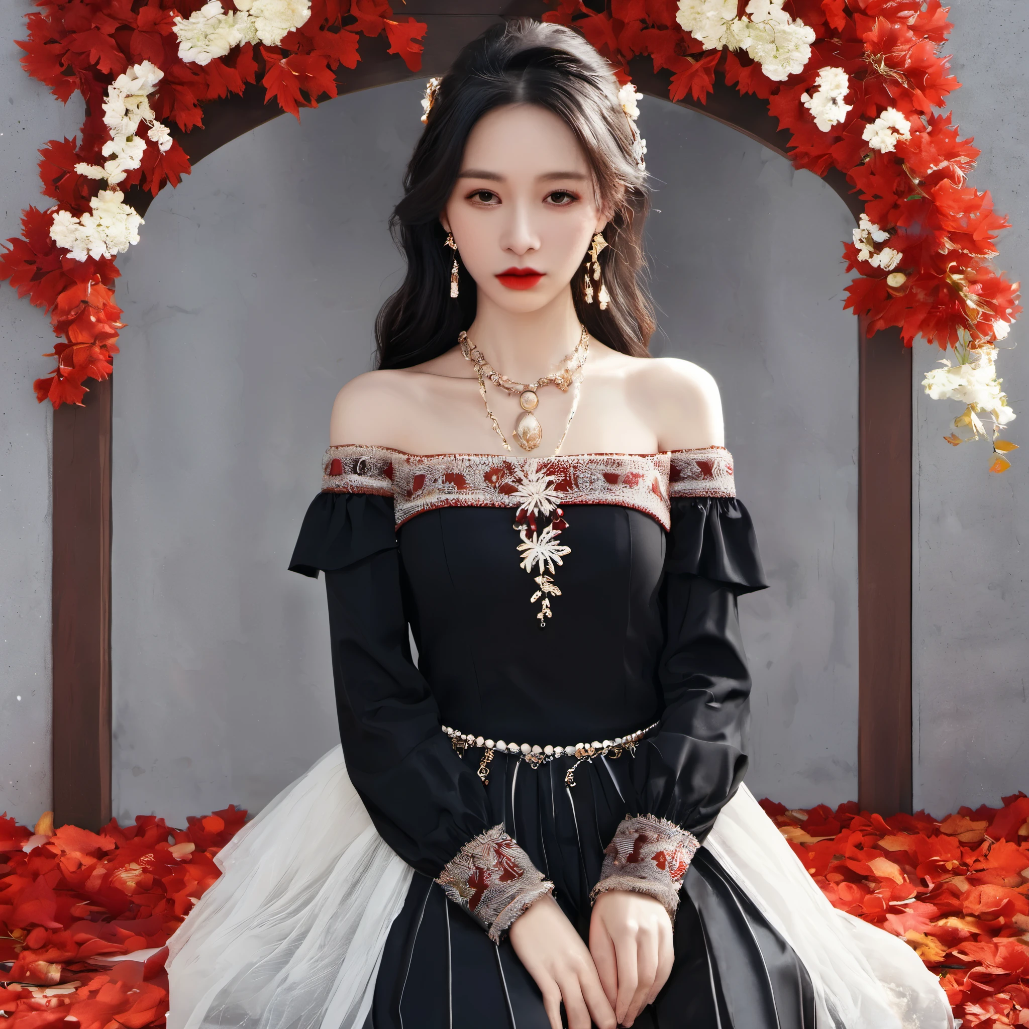 1 girl, jewelry, solo, earrings, long hair, forehead markings, black hair, necklace, bare shoulders, flowers, red lips, hair flowers, cowboy shot, skirt, off shoulder, facial markings, head down, makeup, lips, candles, collarbones, long sleeves, tears streaming down, crying, Tyndall effect, 8k, large aperture, masterpiece of the century, sit, maple leaf, doorway, corridor, Sun on face, (\meng ze\)