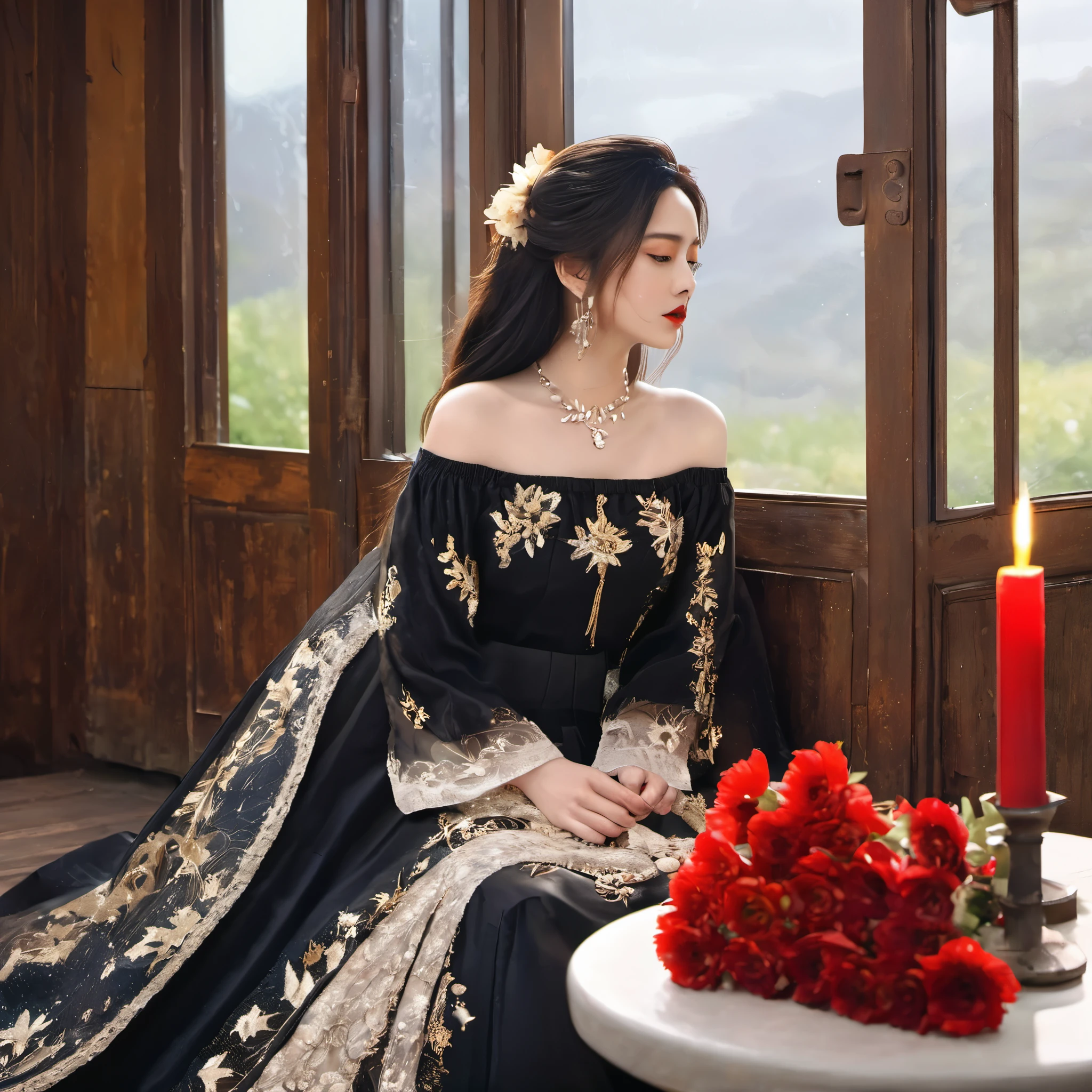 1 girl, jewelry, solo, earrings, long hair, forehead markings, black hair, necklace, bare shoulders, flowers, red lips, hair flowers, cowboy shot, skirt, off shoulder, facial markings, head down, makeup, lips, candles, collarbones, long sleeves, tears streaming down, crying, Tyndall effect, 8k, large aperture, masterpiece of the century, sit, maple leaf, doorway, corridor, Sun on face, (\meng ze\)
