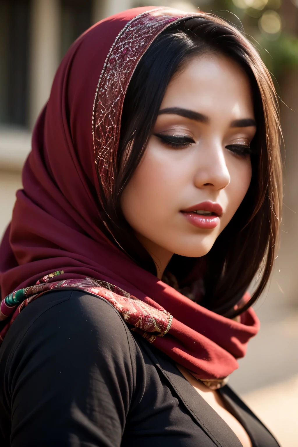 Beautiful veiled girl with long hair, hair sticking out from under the scarf. Big and beautiful black eyes, very high quality and very realistic, dark red lips and black pantyhose, bent down and big breasts, head in profile, flirting with closed eyes, long eyelashes, shadow Black eyes, black eyeliner, cinematic, illuminated (Masterpiece,best quality,high quality,ultra-realistic, Extremely detailed:1.2),vibrant colors,female Arab ager, (Arabic face features:1.1),sunny day, sharp focus