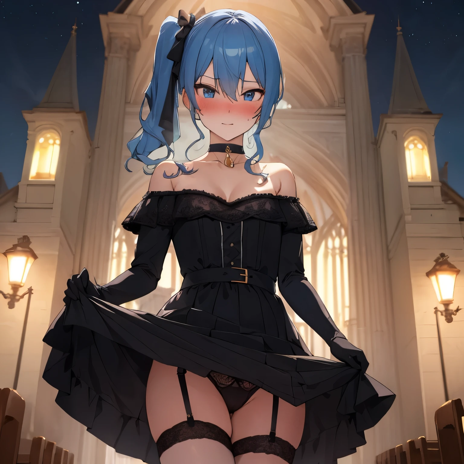 NSFW,Hoshimachi Suisei,blue eyes,blue hair,choker,hair between eyes,medium hair,side ponytail,スターchoker,small breastasterpiece:1.2), highest quality, High resolution,(detailed and beautiful eyes:1.6),(perfect hands, perfect anatomy),(((masterpiece))),((highest quality)),embarrassed face,blush,,whole body,off shoulder dress,ruffle skirt,garter belt,glove,Naughty panties,thin waist,stomach,cleavage,Flipping up her skirt to show her panties,Church at night illuminated by moonlight
