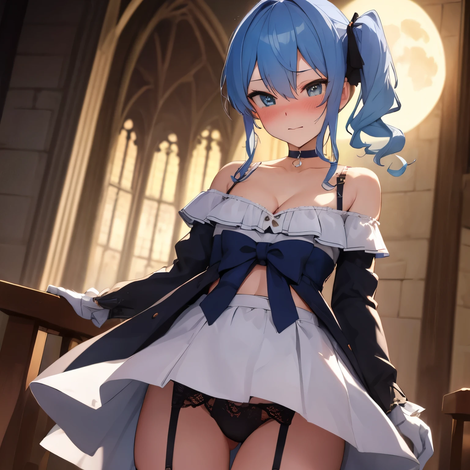 NSFW,Hoshimachi Suisei,blue eyes,blue hair,choker,hair between eyes,medium hair,side ponytail,スターchoker,small breastasterpiece:1.2), highest quality, High resolution,(detailed and beautiful eyes:1.6),(perfect hands, perfect anatomy),(((masterpiece))),((highest quality)),embarrassed face,blush,,whole body,off shoulder dress,ruffle skirt,garter belt,glove,Naughty panties,thin waist,stomach,cleavage,Flipping up her skirt to show her panties,Church at night illuminated by moonlight