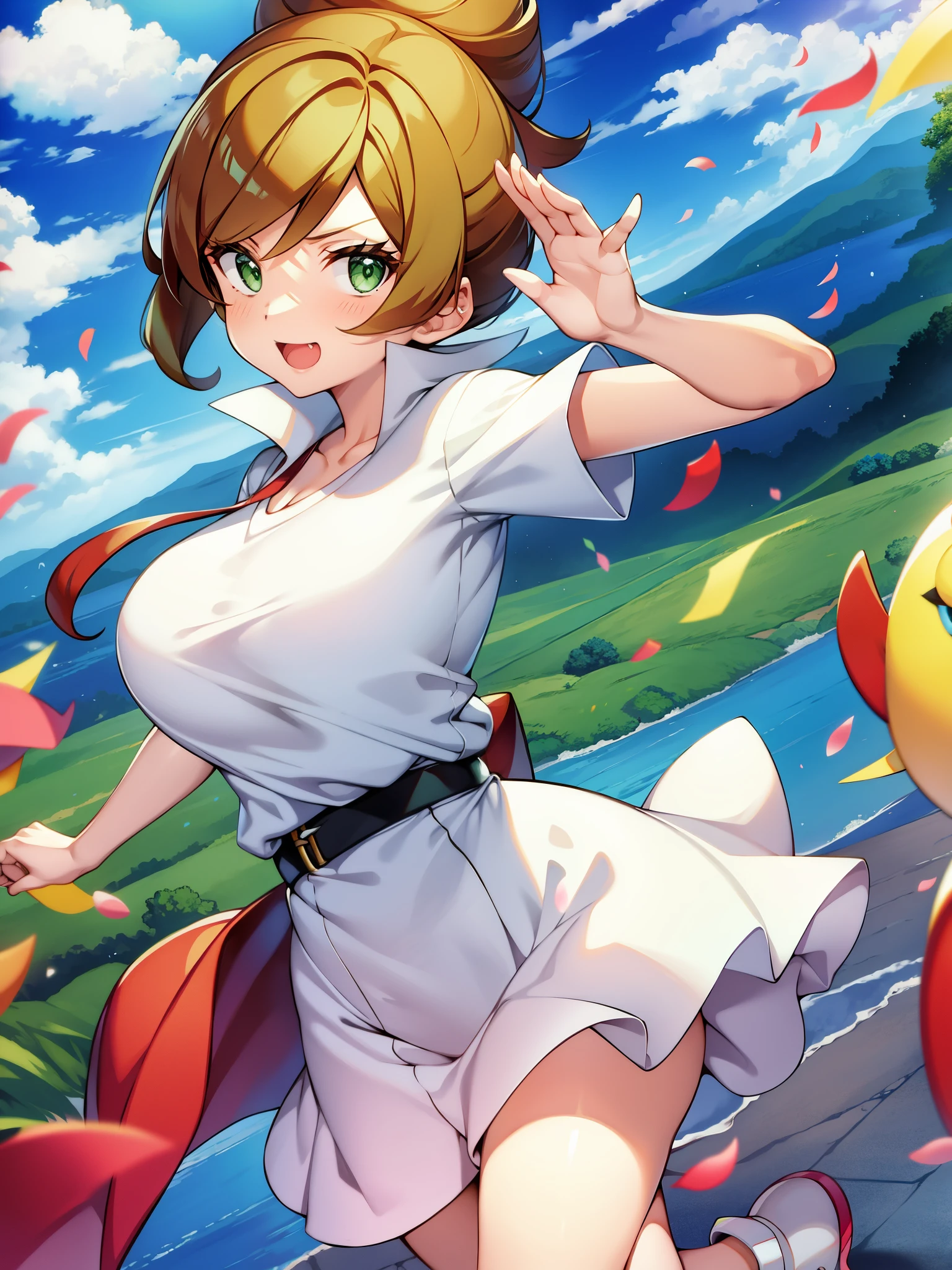 Pokémon、Dr. Araragi、solo、１people、big tits milf、big tits milf、big tits milf、white shirt、Wearing a long white coat、She is wearing a green tight skirt that is above the knee.。Shoes Sneakers。The birth of Pokemon and its origin、Laboratory in Kanoko Town, Unova region、Pokédex、Bright and lively personality、wave hands、