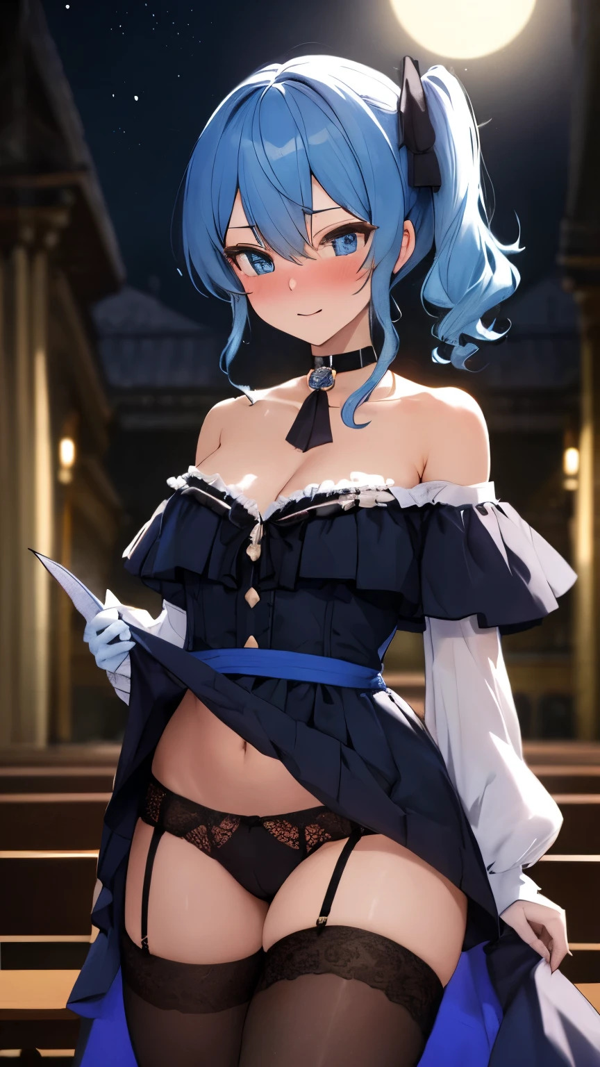 NSFW,Hoshimachi Suisei,blue eyes,blue hair,choker,hair between eyes,medium hair,side ponytail,スターchoker,small breastasterpiece:1.2), highest quality, High resolution,(detailed and beautiful eyes:1.6),(perfect hands, perfect anatomy),(((masterpiece))),((highest quality)),embarrassed face,blush,,whole body,off shoulder dress,ruffle skirt,garter belt,glove,Naughty panties,thin waist,stomach,cleavage,Flipping up her skirt to show her panties,Church at night illuminated by moonlight