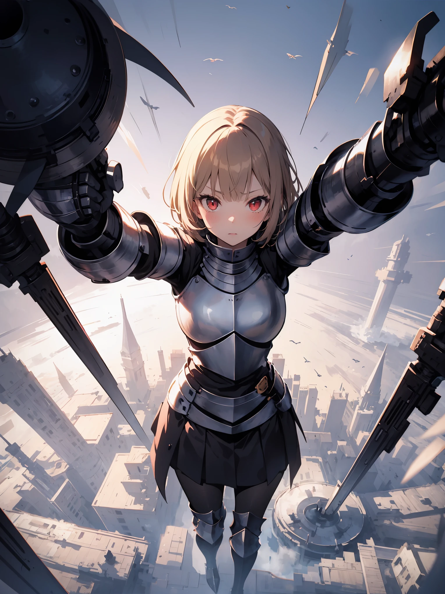 Masterpiece, high quality, high quality illustration, vast expanse of medieval cityscape, upper body girl (((( heavily armed knight, metal sheen )))) skirt, black knee-high, ((waving)) dark blonde, one-length bob cut braided style, red eyes, gazing at us, ((blushing)), adventurer ((from above)), bold posse,