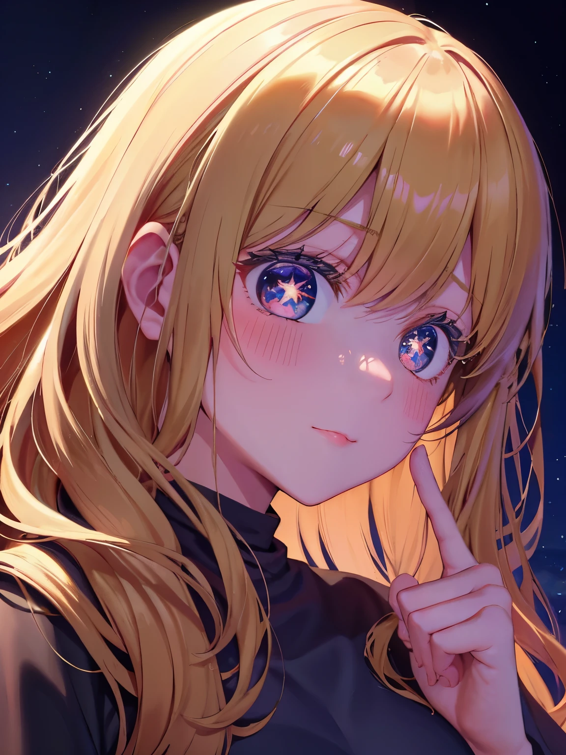 1woman,super beautiful,close up photo,blush,looking away,Beautiful eyes, lenses of stars,very detailed face,shy expression, HD face, perfect face,,at night,black t-shirt,black mini skirt,Very big breasts,Blonde hair,long hair,wavy hair,bangs,blue eyes,ultra detail,ultra Hd, masterpiece,4k