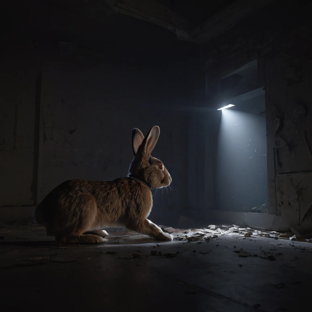 Hyperrealistic painting capturing a police flashlight beam slicing through the dusty darkness of an abandoned building, illuminating the eerie face of a toy rabbit, poised to startle with a ghostly "BOO!", awarded Photo Winner at 35awards, rendered in 32k resolution, combining dramatic studio and soft, natural lighting, showcasing photorealism and detailed acrylic strokes, conveying intricate complexity, ultra HD clarity, and vivid colors, all brought to life with volumetric, cinematic lighting techniques