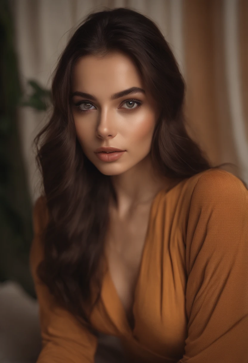 arafad woman complete ,American, sexy girl，brown eyes, Surreal, Attention to detail, portrait of sophie mudd, dark hair and big eyes, Selfie of a young woman, bedroom eyes, Violet Myers, No makeup, natural makeup, looking directly at camera, Face Artgram, Light makeup, Amazing full body shot of kneeling on the bed, in the bedroom, Medium to large bust