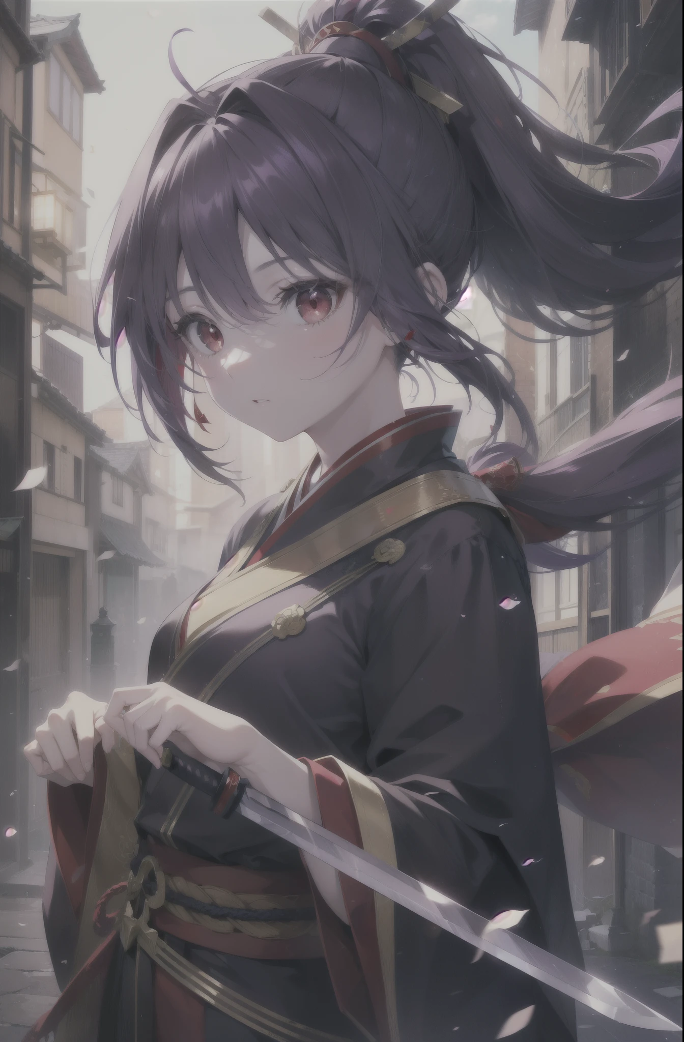 yuukikonno, Yuki Konno, hair band, long hair, pointed ears,ponytail, purple hair, (red eyes:1.5), (small breasts:1.2), open your mouth,red kimono,purple hakama,white foot bag,grass sandals,Japan sword 1:1のグリップを持っている
break looking at viewer, Upper body, whole body,
break outdoors, medieval europe streets,
break (masterpiece:1.2), highest quality, High resolution, unity 8k wallpaper, (figure:0.8), (detailed and beautiful eyes:1.6), highly detailed face, perfect lighting, Very detailed CG, (perfect hands, perfect anatomy),