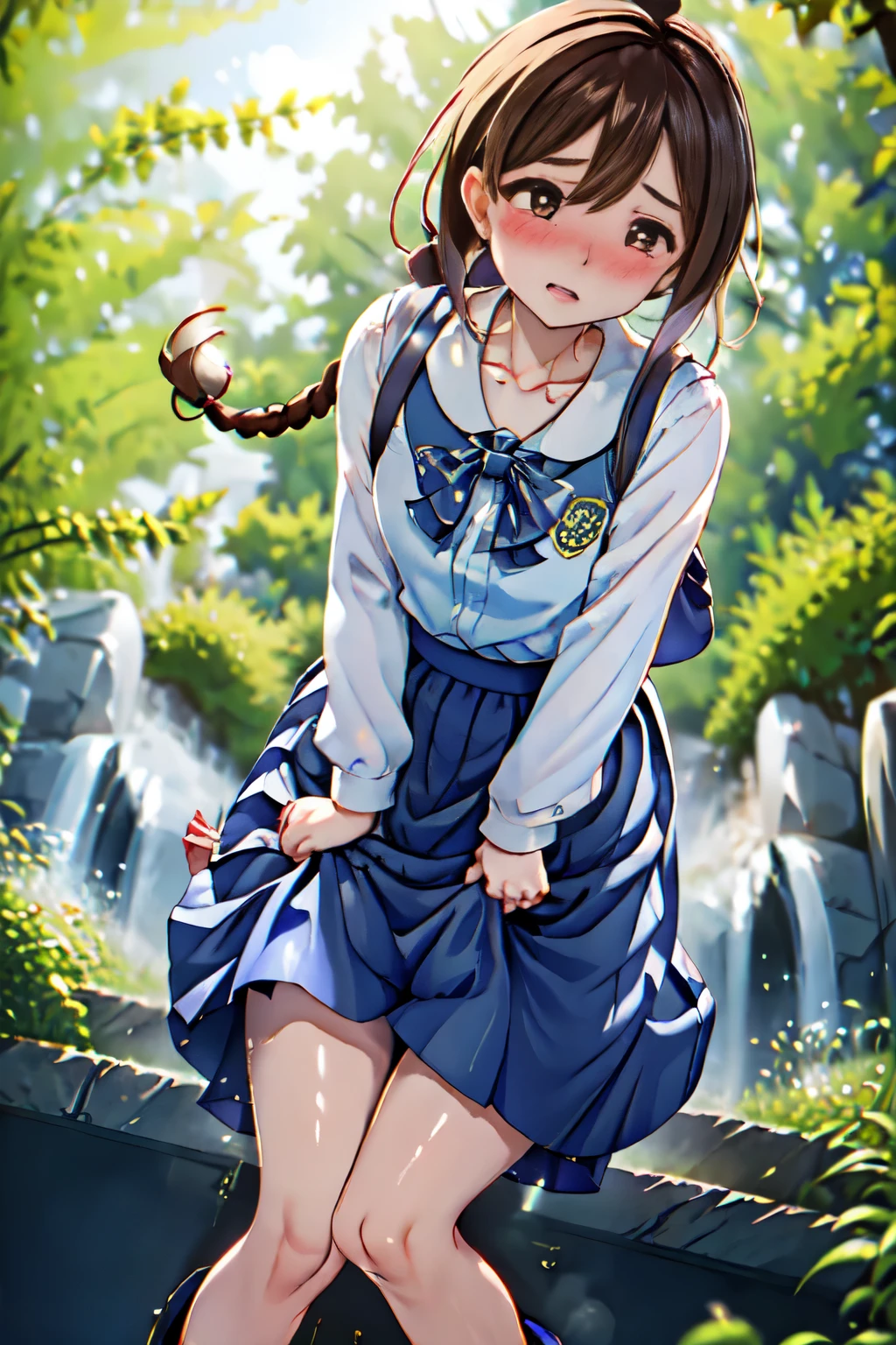 (ultra-detailed, best quality, detailed face, anatomically perfect body), parted lips, shiny skin, (1 girl, have to pee, very desperate to pee, have to pee), street, taking in public restroom, standing, (smock blouse:1.3), (long skirt:1.8), (footwear, braid:1.3), clutch, (have to pee:1.6), (just before the bladder limit:1.5), (knees together and feet apart, Rub each other's thighs:1.8), (hand between legs, leaning forward:1.2), (rub ??????:1.8), (girl can't stand up straight), (constricted pupils:1.3), (?????? twist of the body:1.2), (sad:1.2), (blush:1.6), (embarrassment:1.4), flowing sweat, (fear), (breathless:1.8), (squint eyes:1.3), (looking away:1.2), (full body:1.3), (top of stairs, from below:1.3),