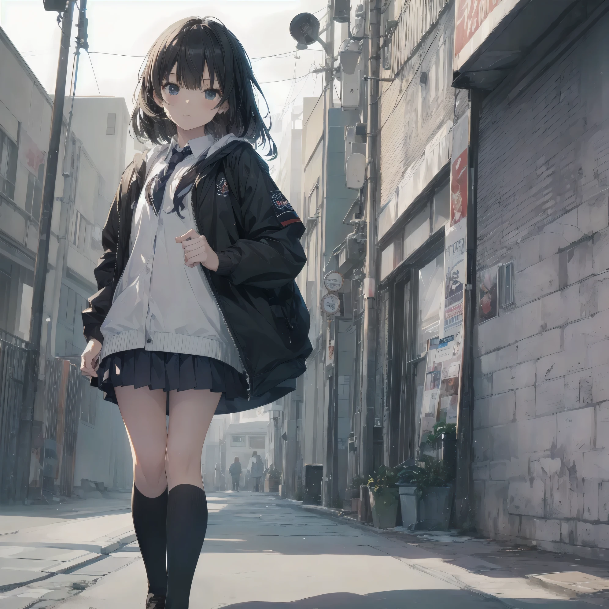 Super absurd quality by the god of art, super detailed, High resolution, artist:dark black, artist:Rinzo, artist:shinkai makoto, anime moe art style, Best Anime 8K Kona-chan Wallpaper, pixiv contest winner, perfect anatomy, break,(眠そうにalone学校へ行く女の子を描いてください. )break,1 girl, (alone, woman, baby fears old:1., full finger,, The charm of an immature body, (very_short hair), bangs, small ass, between legs,small black eyes, detailed and beautiful eyes, Well-proportioned iris and pupils, expressive eyes, sleepy eyes, High resolutionの詳細な髪, neck ribbon, skirt, collared shirt, pleated skirt, school uniform, school bag,(detailed lighting), (detailed background), On the way to school. break,super dense skin, Best cinematic lighting powered by famous artist, 8k,collaboration illustration,photoshop_(Moderate),Absurd Hi-Res,Hmm,rough skin