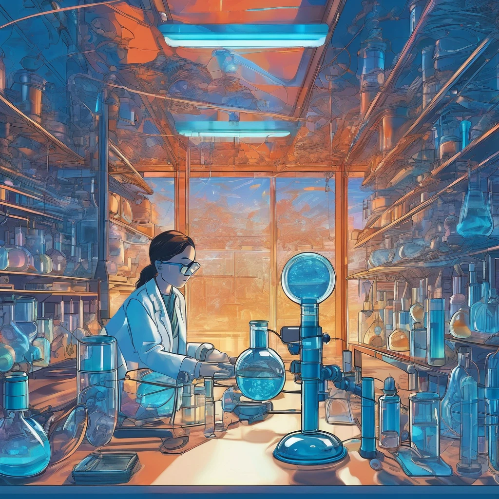 Tyndall Effect, aesthetic, extremely detailed, Laboratory of Light: (masterpiece, UHD, photo-realistic, scientific illustration:1.3), a (high-tech laboratory setting:1.1), glass beaker filled with (scattering blue light:1.4) demonstrating the Tyndall effect, (laser beam:1.2) entering from one side, (microscopic particles:1.1) visible in the beam path, (focused researcher:1.1) with protective glasses observing the phenomenon, detailed equipment like microscopes and pipettes, clean white surfaces, (notepad with observations:1.1) on the side, (cool white light:1.1) of the lab, top-down perspective, vibrant, crisp clarity showing the light scattering.
