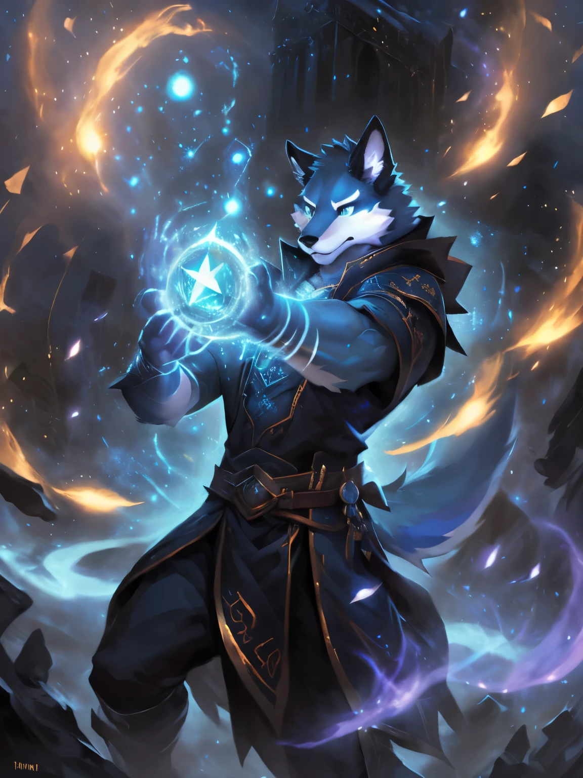 4k, ,8K, A high resolution, best quality, perfect colors, perfect shadows, perfect lighting, posted on e621, (by Chunie, by canyne khai, by t.y.starale), male, furry, Argo (/knights college/) anthro, ( Tail), solo, Blue eyes, (Realistic eye details 1.2), witch wear, Magic in hand, magic circle, witchcraft, spell magic, magic energy, V0id3nergy, (masterpiece, best quality:1.4),(ridiculous, high resolution, Super detailed:1.2),(Use black magic:1.4), Full body, slim body, abs, Muscular, fighting pose, fighting, battle, battle magic spell, in a panoramic view, dramatic lighting, soft lighting, day, highly detail, (Detailed eyes), perfect pupils, detail eyes, detail fluffy fur, (seductive face:1.2), (correct anatomy:1.2), fit body, fit body, perfect male figure, Detailed fur, Detailed face, Perfect face, Detailed background, (Complex), (Super Detail), (Ultra Clear), (Best Quality)