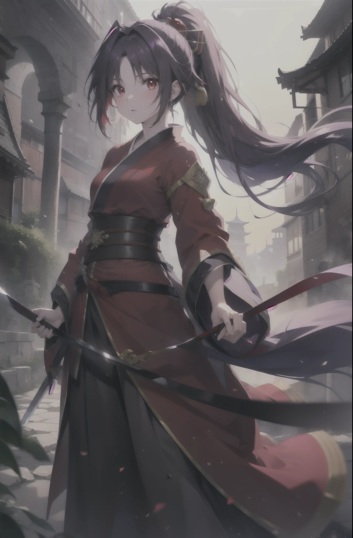 yuukikonno, Yuki Konno, hair band, long hair, pointed ears,ponytail, purple hair, (red eyes:1.5), (small breasts:1.2), open your mouth,red kimono,purple hakama,white foot bag,grass sandals,Japan sword 1:1のグリップを持っている
break looking at viewer, Upper body, whole body,
break outdoors, medieval europe streets,
break (masterpiece:1.2), highest quality, High resolution, unity 8k wallpaper, (figure:0.8), (detailed and beautiful eyes:1.6), highly detailed face, perfect lighting, Very detailed CG, (perfect hands, perfect anatomy),