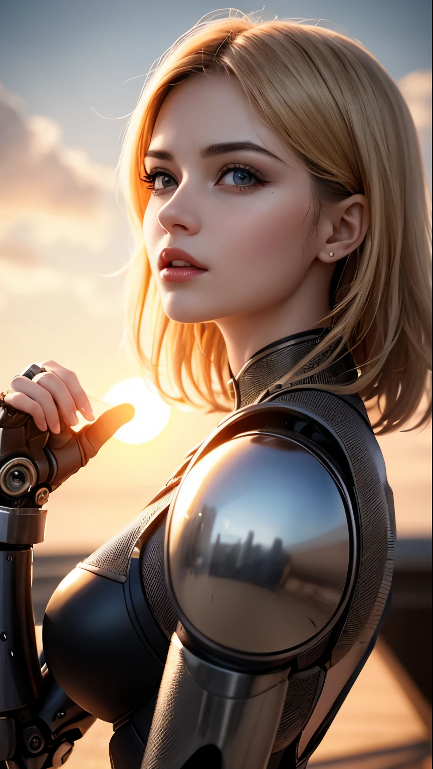 (skin dents:1.5), realistic, realistic, (masterpiece:1.5), concept art, intricate details, very detailed, realistic, octane rendering, 8k, unreal engine, dynamic pose, highest quality, High resolution, (realistic face:1.1), (hyper realism:1.1), ((full_body)), perfect eyes, (shiny skin: 1.2), (((hairstyle))), (((perfect hands)) ), (very detailed背景), ((dynamic background) ), ((sun)), (light), ((1 girl)), good looking, robot (((Shiny mechanical shape))), ((fine eyes, high quality eyes, high quality face)), (very complicated dress), short blonde hair, sun, sunlight, ((dramatic)), amazing, Depth of the bounds written, Bokeh, 4k, gothic, Ash, particle