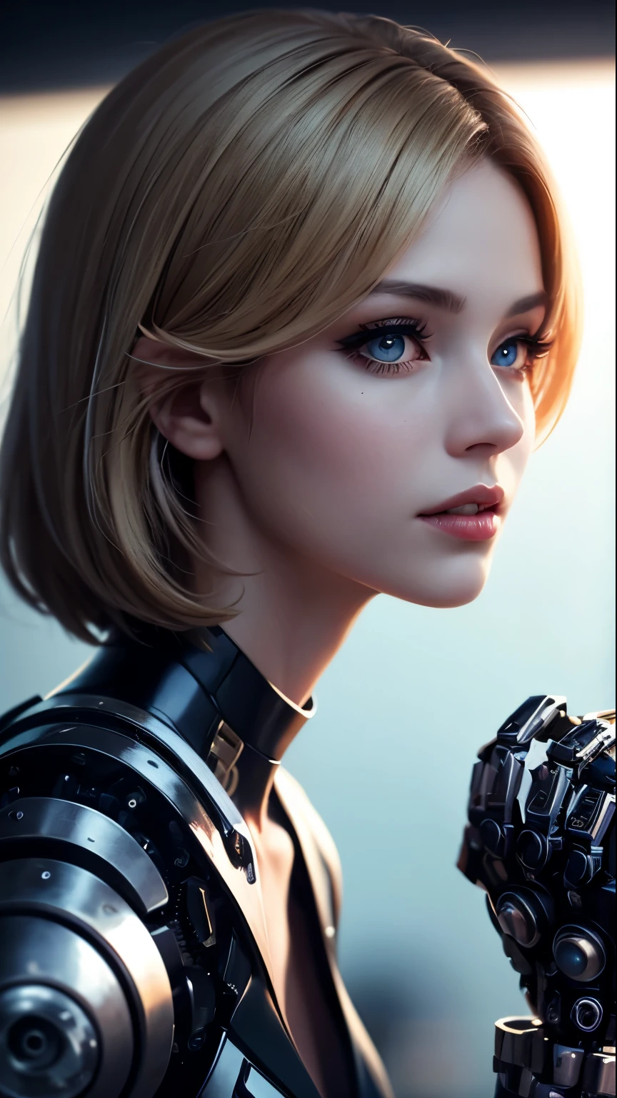 (skin dents:1.5), realistic, realistic, (masterpiece:1.5), concept art, intricate details, very detailed, realistic, octane rendering, 8k, unreal engine, dynamic pose, highest quality, High resolution, (realistic face:1.1), (hyper realism:1.1), ((full_body)), perfect eyes, (shiny skin: 1.2), (((hairstyle))), (((perfect hands)) ), (very detailed背景), ((dynamic background) ), ((sun)), (light), ((1 girl)), good looking, robot (((Shiny mechanical shape))), ((fine eyes, high quality eyes, high quality face)), (very complicated dress), short blonde hair, sun, sunlight, ((dramatic)), amazing, Depth of the bounds written, Bokeh, 4k, gothic, Ash, particle