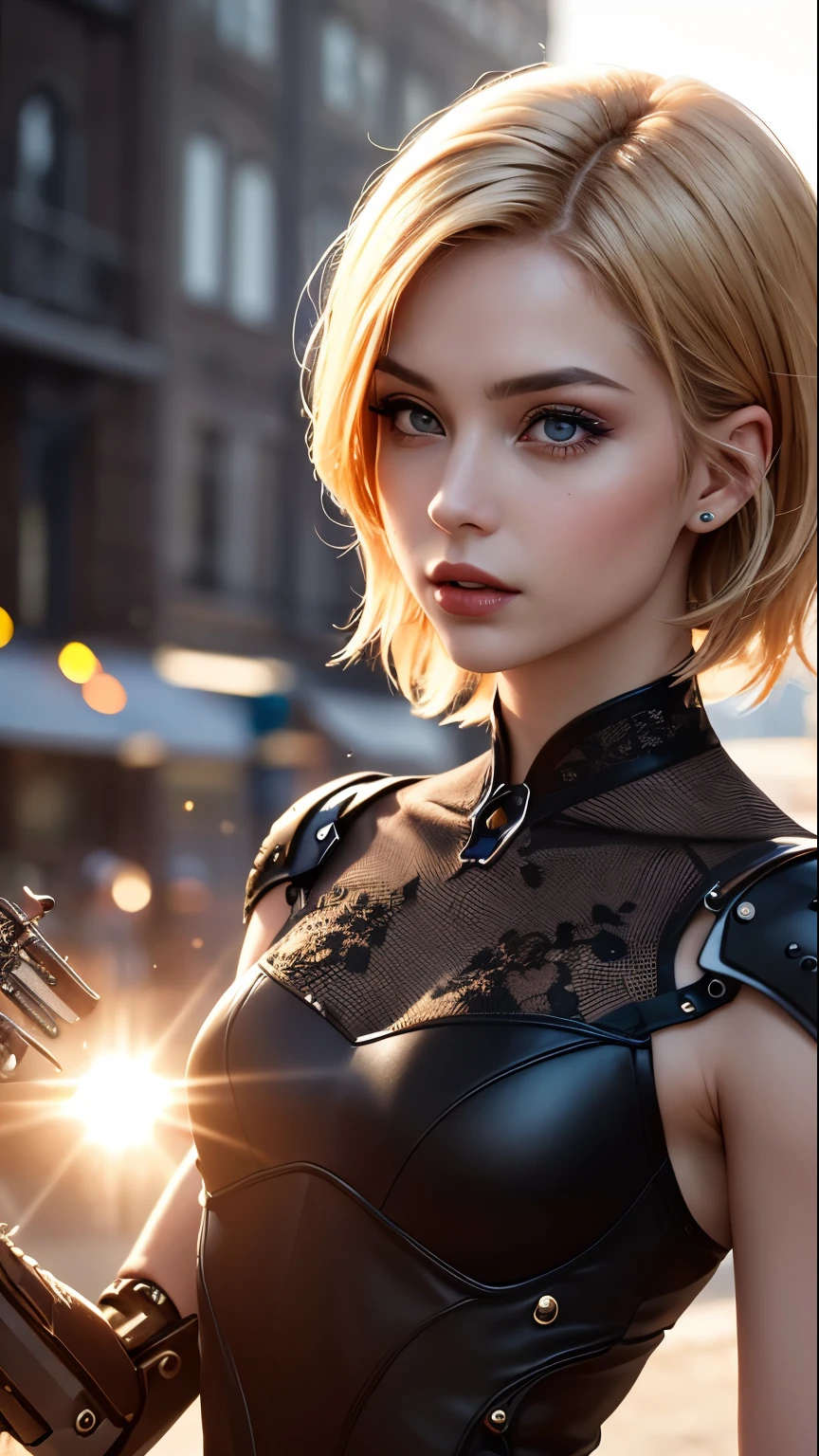 (skin dents:1.5), realistic, realistic, (masterpiece:1.5), concept art, intricate details, very detailed, realistic, octane rendering, 8k, unreal engine, dynamic pose, highest quality, High resolution, (realistic face:1.1), (hyper realism:1.1), ((full_body)), perfect eyes, (shiny skin: 1.2), (((hairstyle))), (((perfect hands)) ), (very detailed背景), ((dynamic background) ), ((sun)), (light), ((1 girl)), good looking, robot (((Shiny mechanical shape))), ((fine eyes, high quality eyes, high quality face)), (very complicated dress), short blonde hair, sun, sunlight, ((dramatic)), amazing, Depth of the bounds written, Bokeh, 4k, gothic, Ash, particle