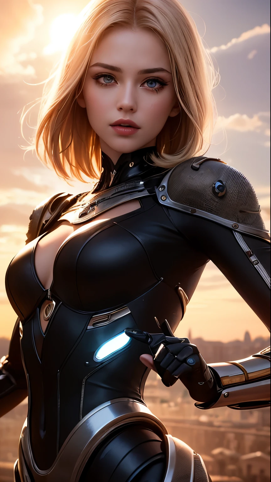 (skin dents:1.5), realistic, realistic, (masterpiece:1.5), concept art, intricate details, very detailed, realistic, octane rendering, 8k, unreal engine, dynamic pose, highest quality, High resolution, (realistic face:1.1), (hyper realism:1.1), ((full_body)), perfect eyes, (shiny skin: 1.2), (((hairstyle))), (((perfect hands)) ), (very detailed背景), ((dynamic background) ), ((sun)), (light), ((1 girl)), good looking, robot (((Shiny mechanical shape))), ((fine eyes, high quality eyes, high quality face)), (very complicated dress), short blonde hair, sun, sunlight, ((dramatic)), amazing, Depth of the bounds written, Bokeh, 4k, gothic, Ash, particle