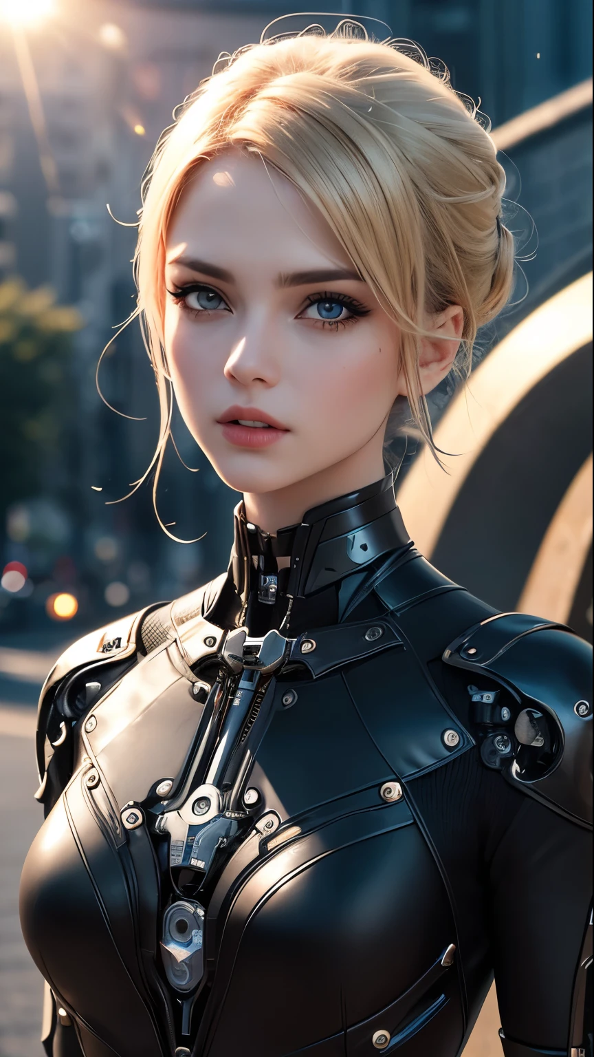 (skin dents:1.5), realistic, realistic, (masterpiece:1.5), concept art, intricate details, very detailed, realistic, octane rendering, 8k, unreal engine, dynamic pose, highest quality, High resolution, (realistic face:1.1), (hyper realism:1.1), ((full_body)), perfect eyes, (shiny skin: 1.2), (((hairstyle))), (((perfect hands)) ), (very detailed背景), ((dynamic background) ), ((sun)), (light), ((1 girl)), good looking, robot (((Shiny mechanical shape))), ((fine eyes, high quality eyes, high quality face)), (very complicated dress), short blonde hair, sun, sunlight, ((dramatic)), amazing, Depth of the bounds written, Bokeh, 4k, gothic, Ash, particle