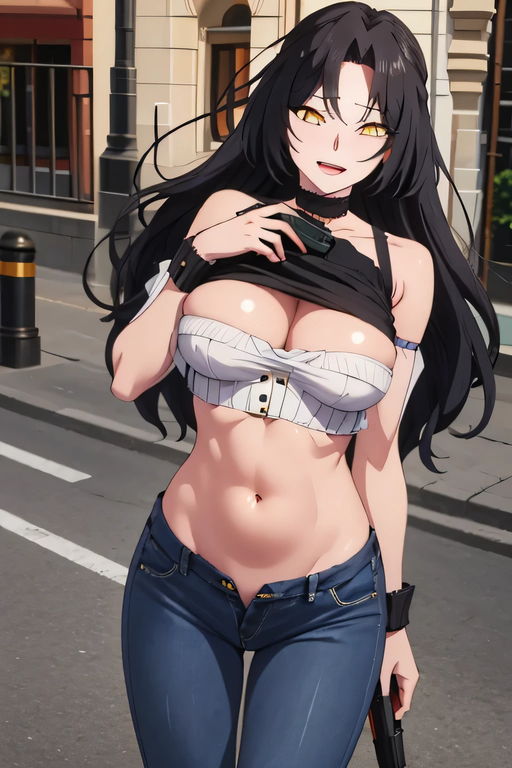 1woman,1girl ,dominique_de_sade, black hair, long hair, yellow eyes, parted bangs,sexy woman ,(perfect eyes:1.1) ,masterpiece,high quality,4k, bare shoulder,belly,crop top,outdoor,cleavage,jeans,casual
dress,street,road,smile, open mouth, (nsfw) not safe for work, holding a gun,handgun, evil expression,
exposed belly, exposed navel, exposed midriff, exposed lower belly, crop top overhang, underboob,
unbuttoned jeans , low rise black jeans, Low rise jeans, Low rise jeans with open fly,