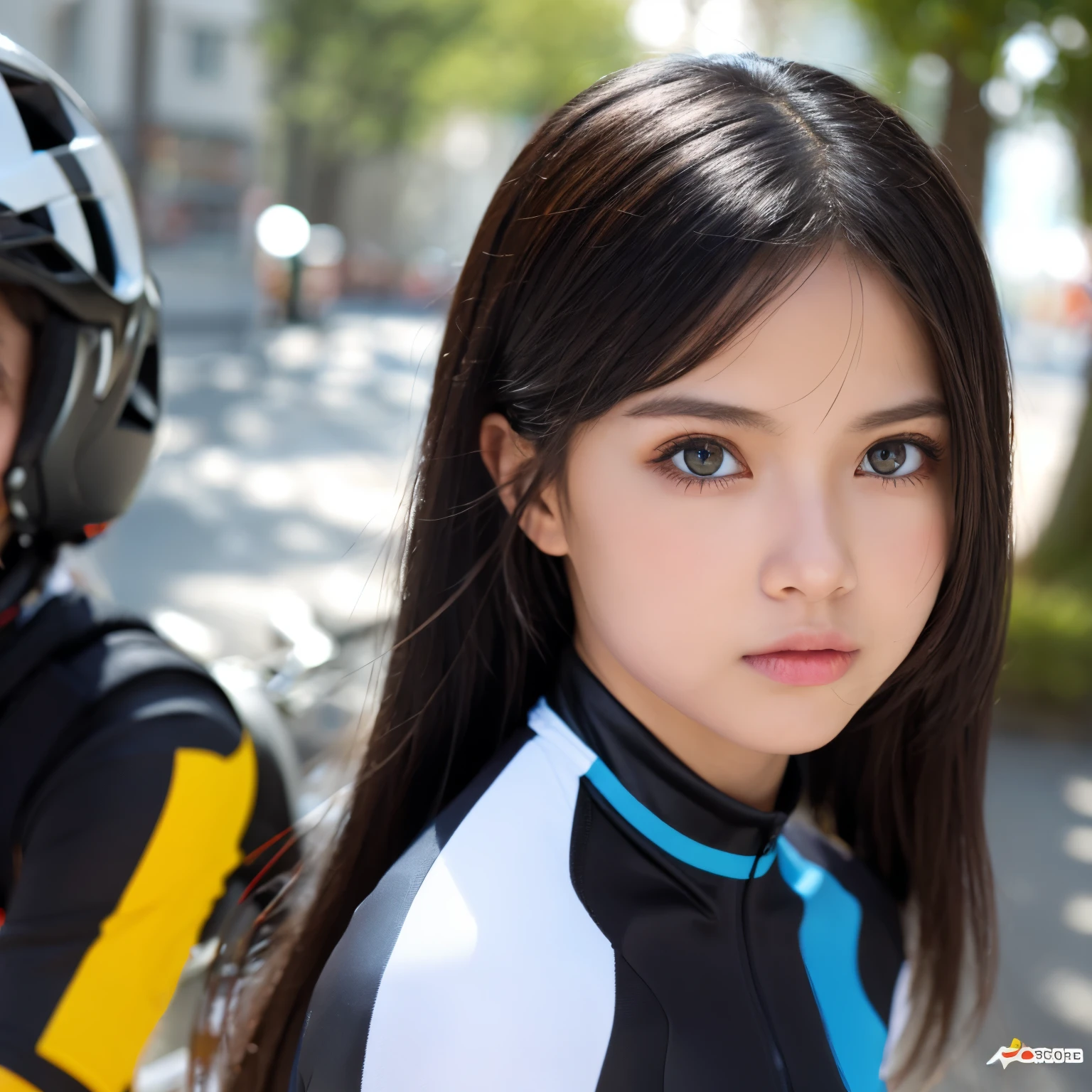 Create a female cyclist character with a black uniform and blue-gray eyes and black hair.