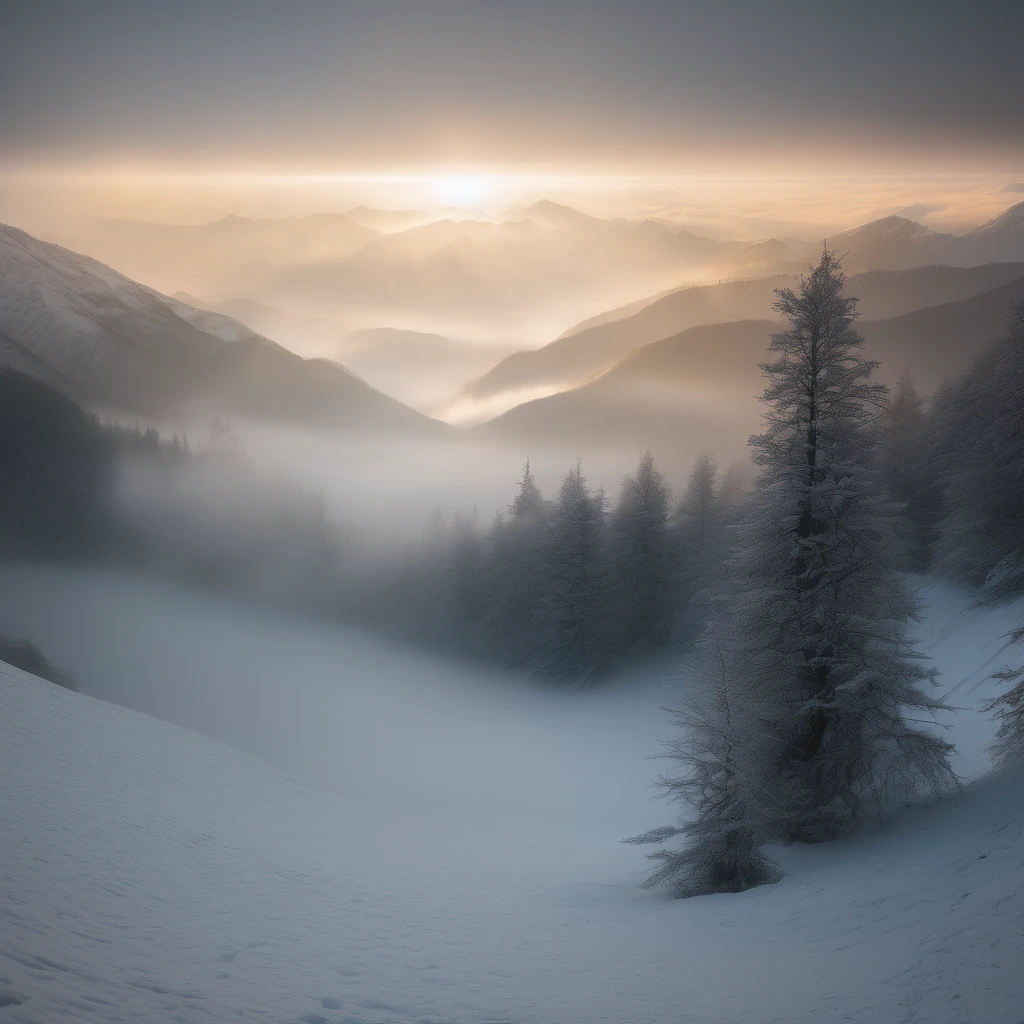 Tyndall Effect, aesthetic, extremely detailed, Tyndall effect seen through dense fog over snow covered mountains, high resolution photorealistic image with Nikkor 200mm lens, perfect golden ratio composition, natural fog like atmosphere with volumetric light 8k high definition image