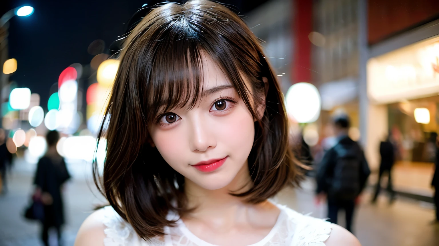 table top, highest quality, shape, Super detailed, finely, High resolution, 8k wallpaper, 完璧なダイナミックな構shape, head straight、don&#39;t tilt your head、finelyて美しい目, wearing a white dress,Bust up composition、medium hair,natural color lip, smile,Harajuku、age girl、cute、looking at the camera、C cup、brown hair、Blurred night new york background